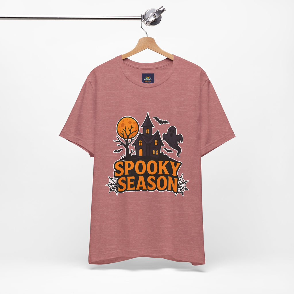 Spooky Season Halloween T-Shirt - Haunted House Ghost Bat Graphic Tee | Halloween Landscape Shirt - Atlas Briefly