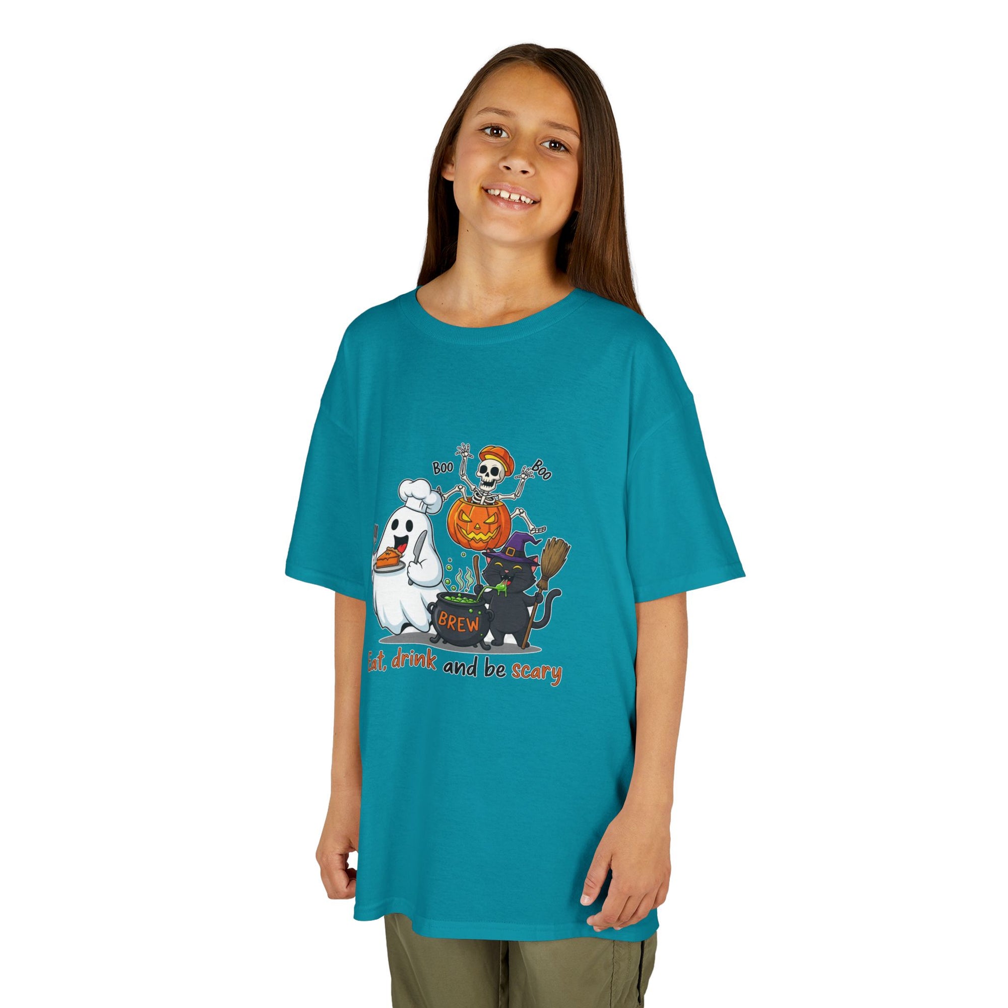 Eat Drink and Be Scary Kids Halloween T-Shirt | Cute Ghost Skeleton Pumpkin Cat Shirt for Boys Girls Trick or Treat Tee - Atlas Briefly