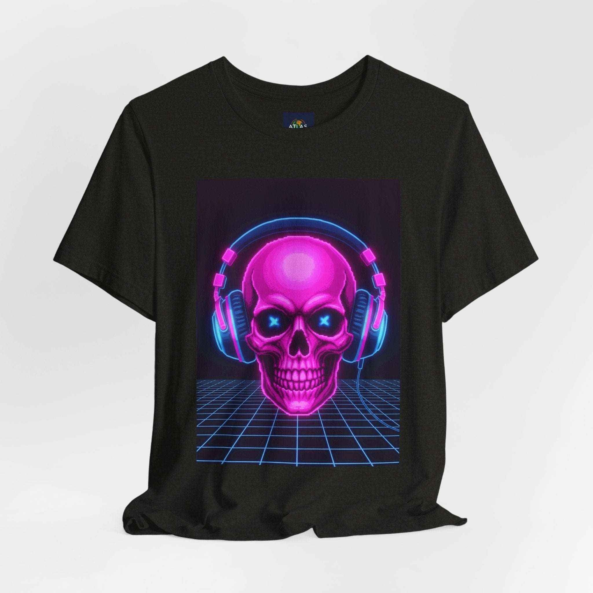 Neon Skull T-Shirt - Retro Gaming Synthwave Tee - Atlas Briefly