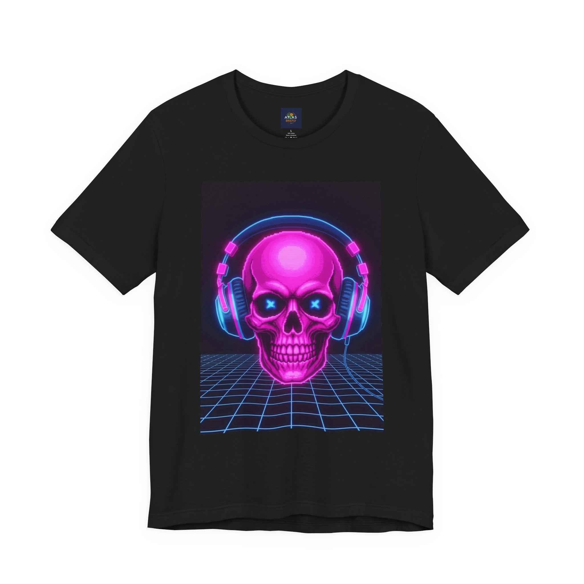 Neon Skull T-Shirt - Retro Gaming Synthwave Tee - Atlas Briefly