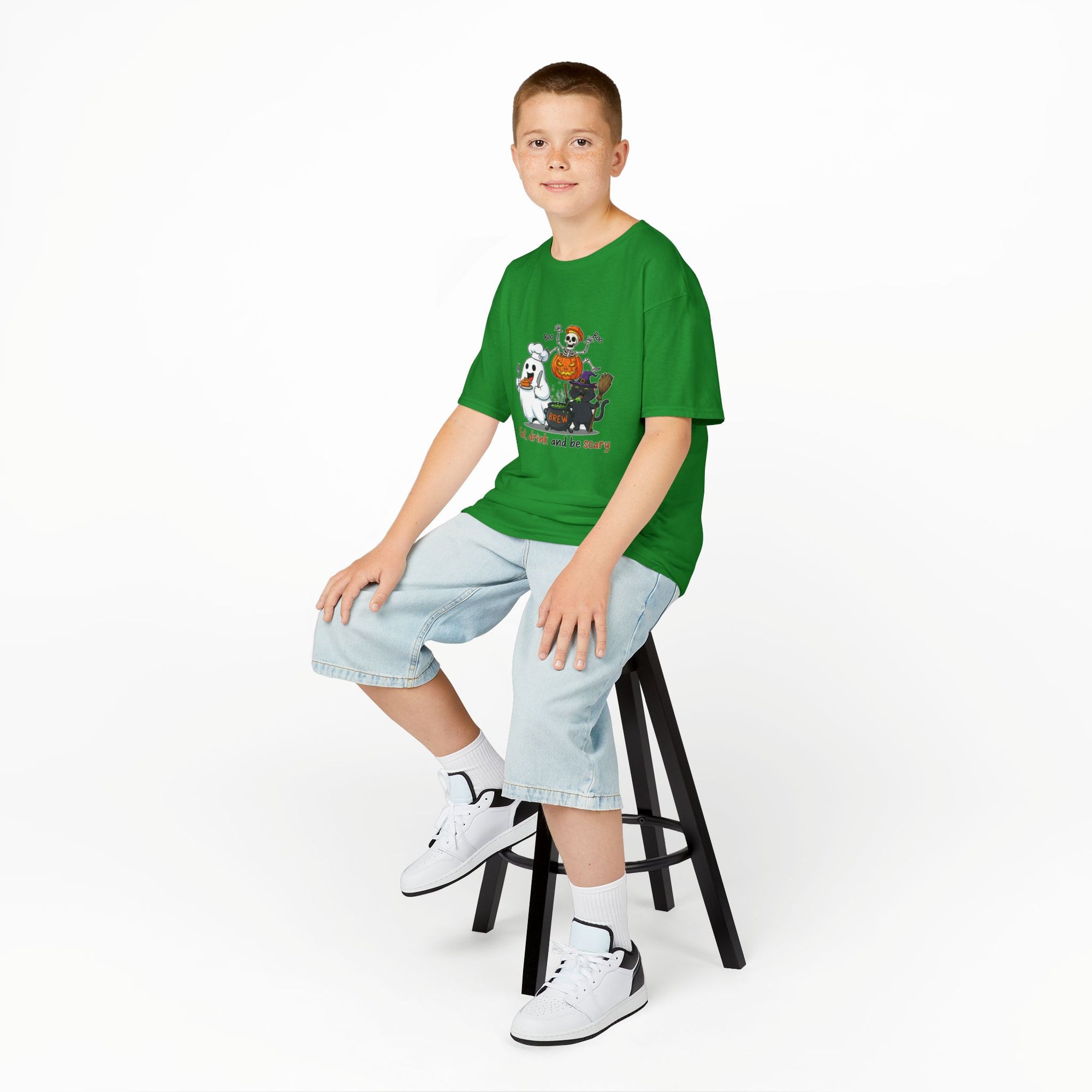 Eat Drink and Be Scary Kids Halloween T-Shirt | Cute Ghost Skeleton Pumpkin Cat Shirt for Boys Girls Trick or Treat Tee - Atlas Briefly