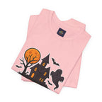 Spooky Season Halloween T-Shirt - Haunted House Ghost Bat Graphic Tee | Halloween Landscape Shirt - Atlas Briefly
