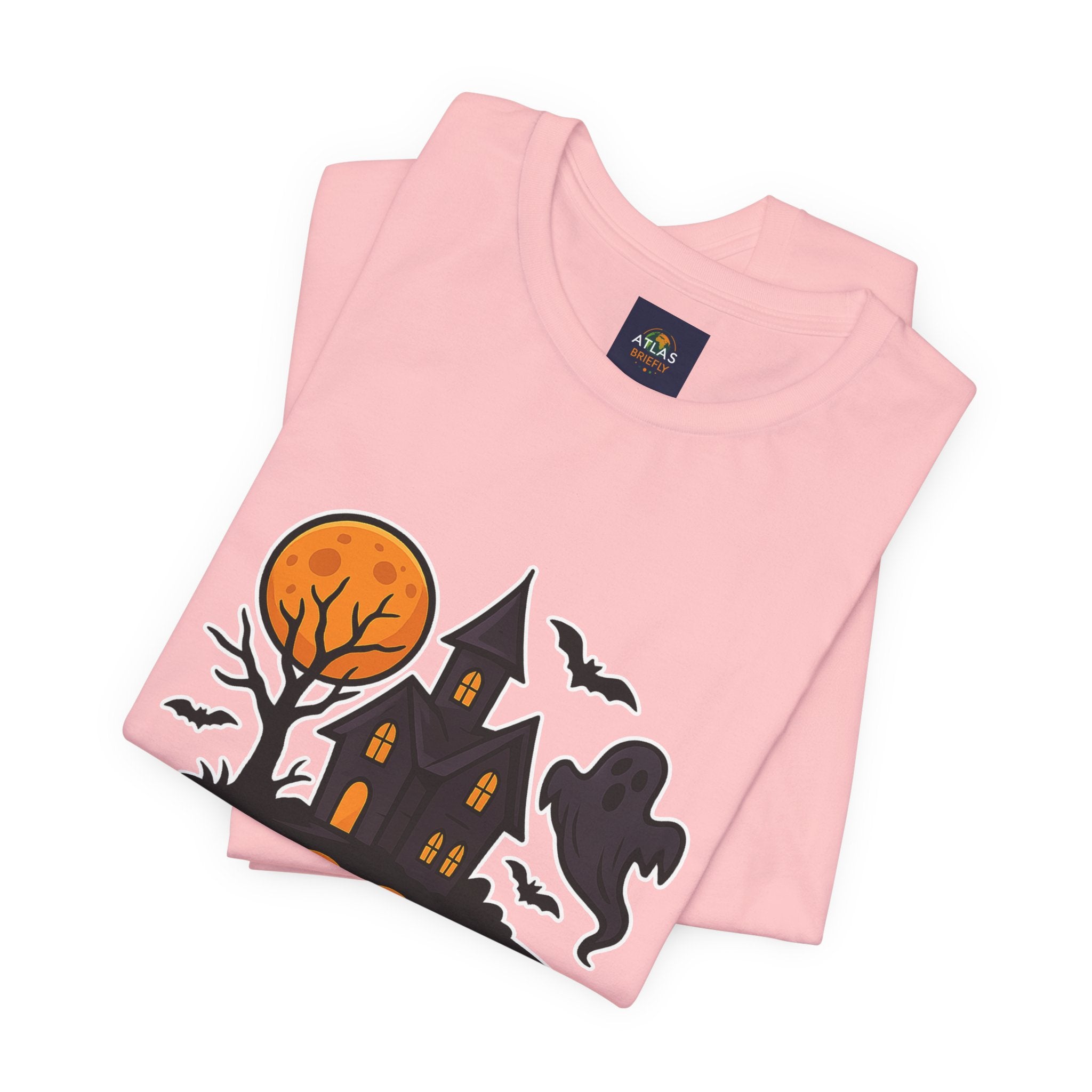 Spooky Season Halloween T-Shirt - Haunted House Ghost Bat Graphic Tee | Halloween Landscape Shirt - Atlas Briefly