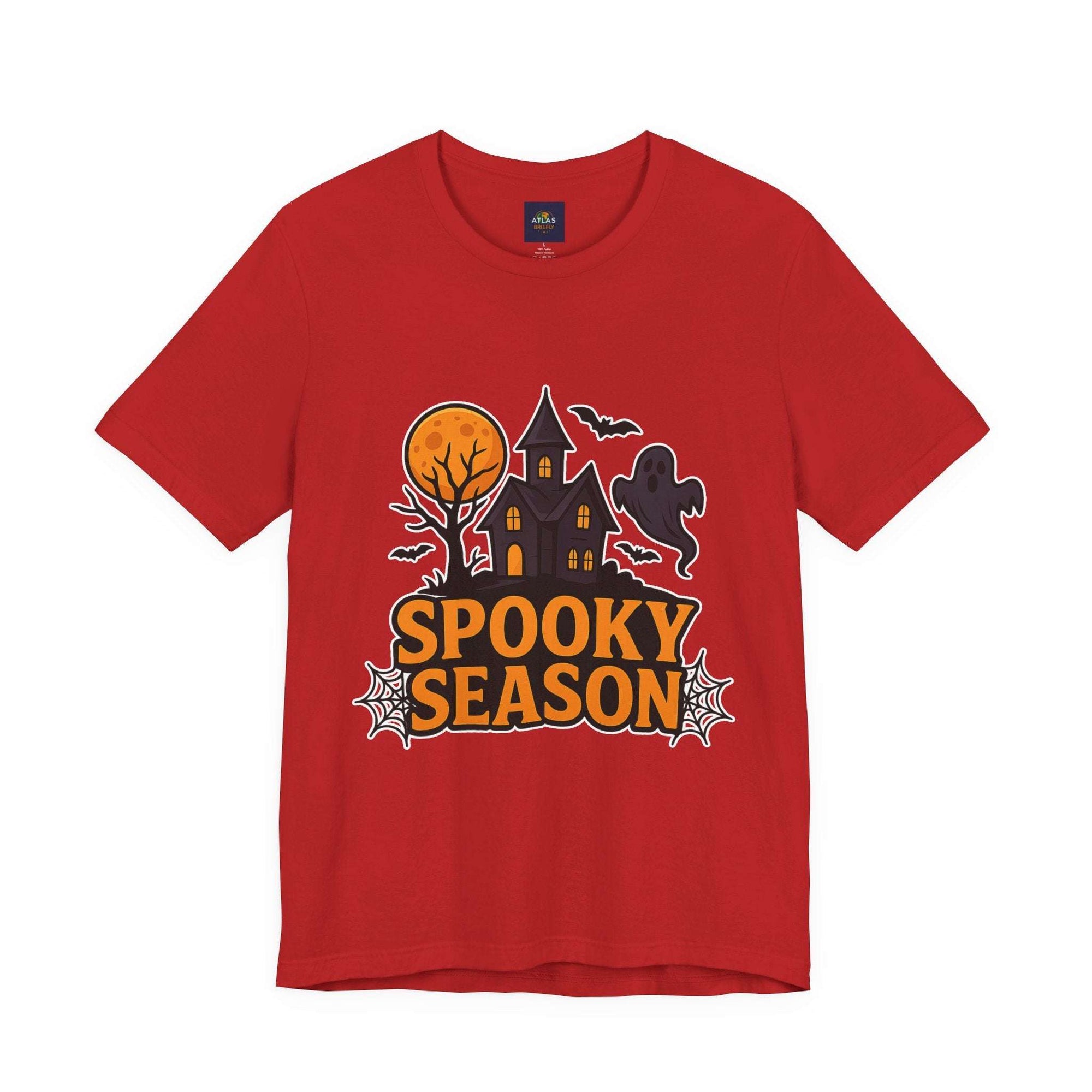 Spooky Season Halloween T-Shirt - Haunted House Ghost Bat Graphic Tee | Halloween Landscape Shirt - Atlas Briefly