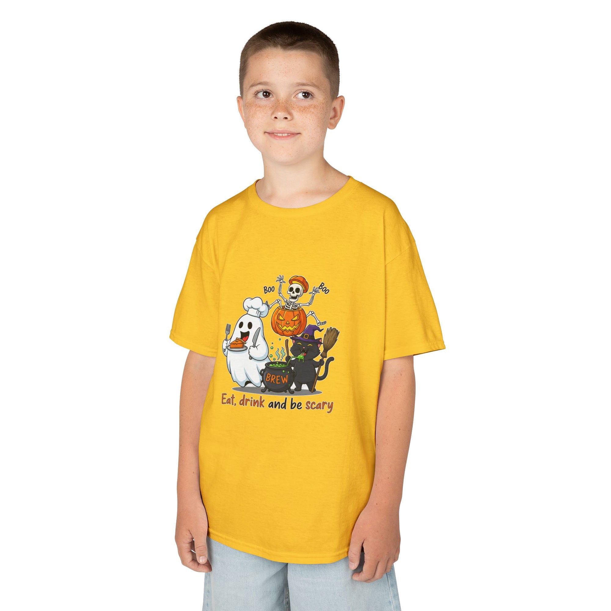 Eat Drink and Be Scary Kids Halloween T-Shirt | Cute Ghost Skeleton Pumpkin Cat Shirt for Boys Girls Trick or Treat Tee - Atlas Briefly
