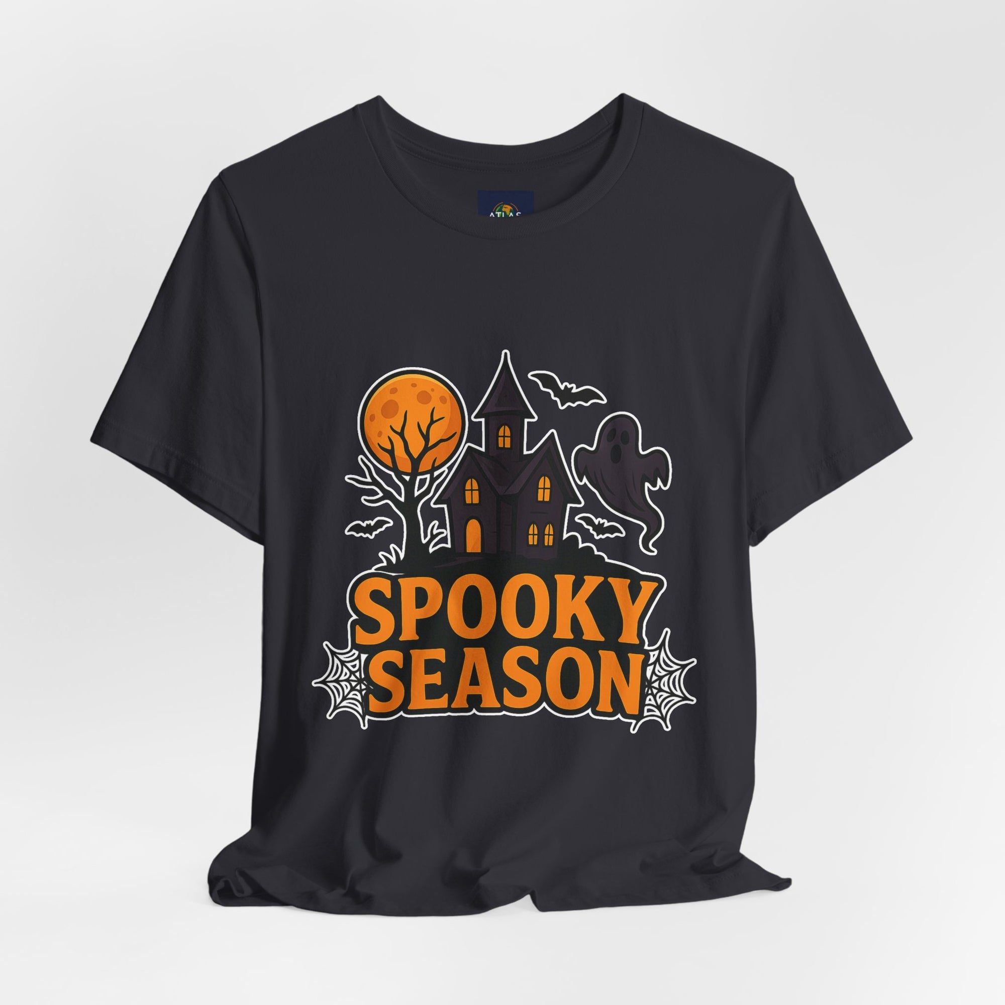 Spooky Season Halloween T-Shirt - Haunted House Ghost Bat Graphic Tee | Halloween Landscape Shirt - Atlas Briefly