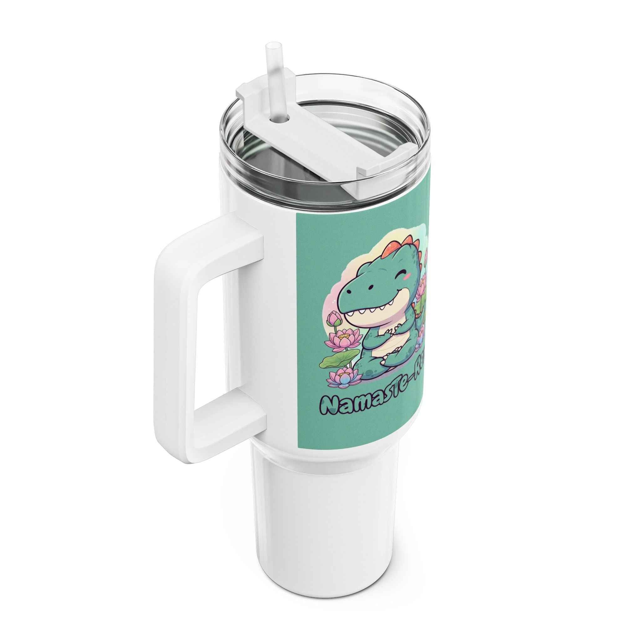 NamasTe-Rex Tumbler - Meditating Dinosaur 40oz Funny Yoga Water Bottle | Unique Zen T-Rex Gift - Atlas Briefly