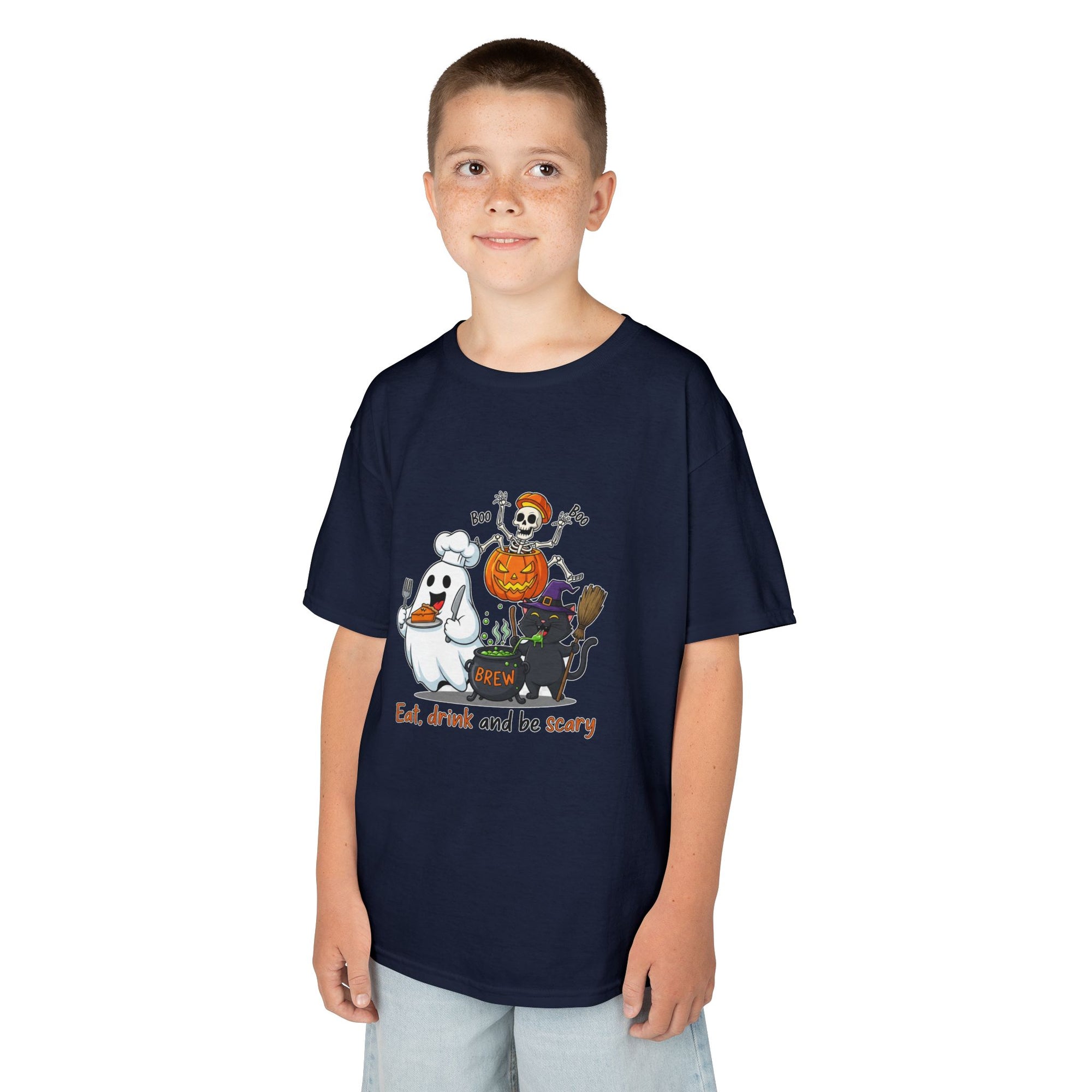 Eat Drink and Be Scary Kids Halloween T-Shirt | Cute Ghost Skeleton Pumpkin Cat Shirt for Boys Girls Trick or Treat Tee - Atlas Briefly