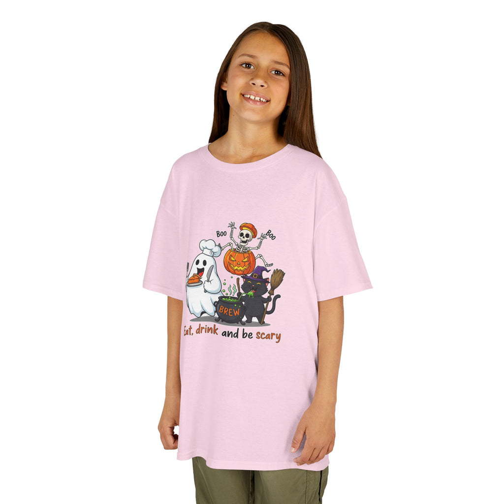 Eat Drink and Be Scary Kids Halloween T-Shirt | Cute Ghost Skeleton Pumpkin Cat Shirt for Boys Girls Trick or Treat Tee - Atlas Briefly