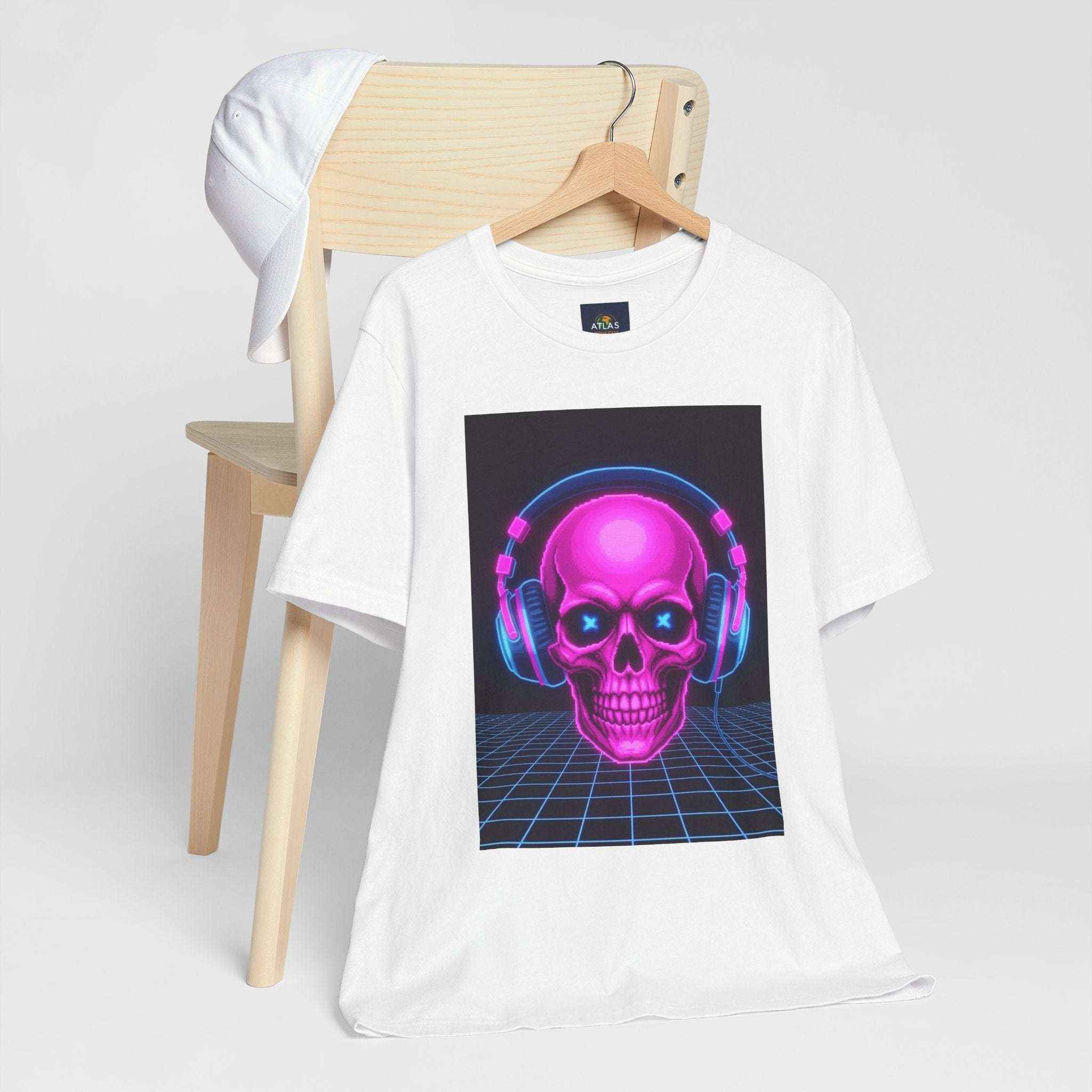 Neon Skull T-Shirt - Retro Gaming Synthwave Tee - Atlas Briefly