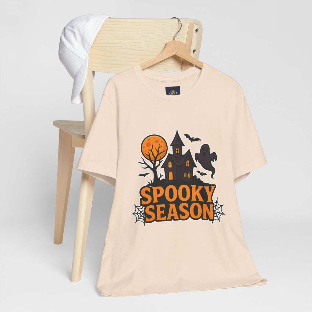 Spooky Season Halloween T-Shirt - Haunted House Ghost Bat Graphic Tee | Halloween Landscape Shirt - Atlas Briefly