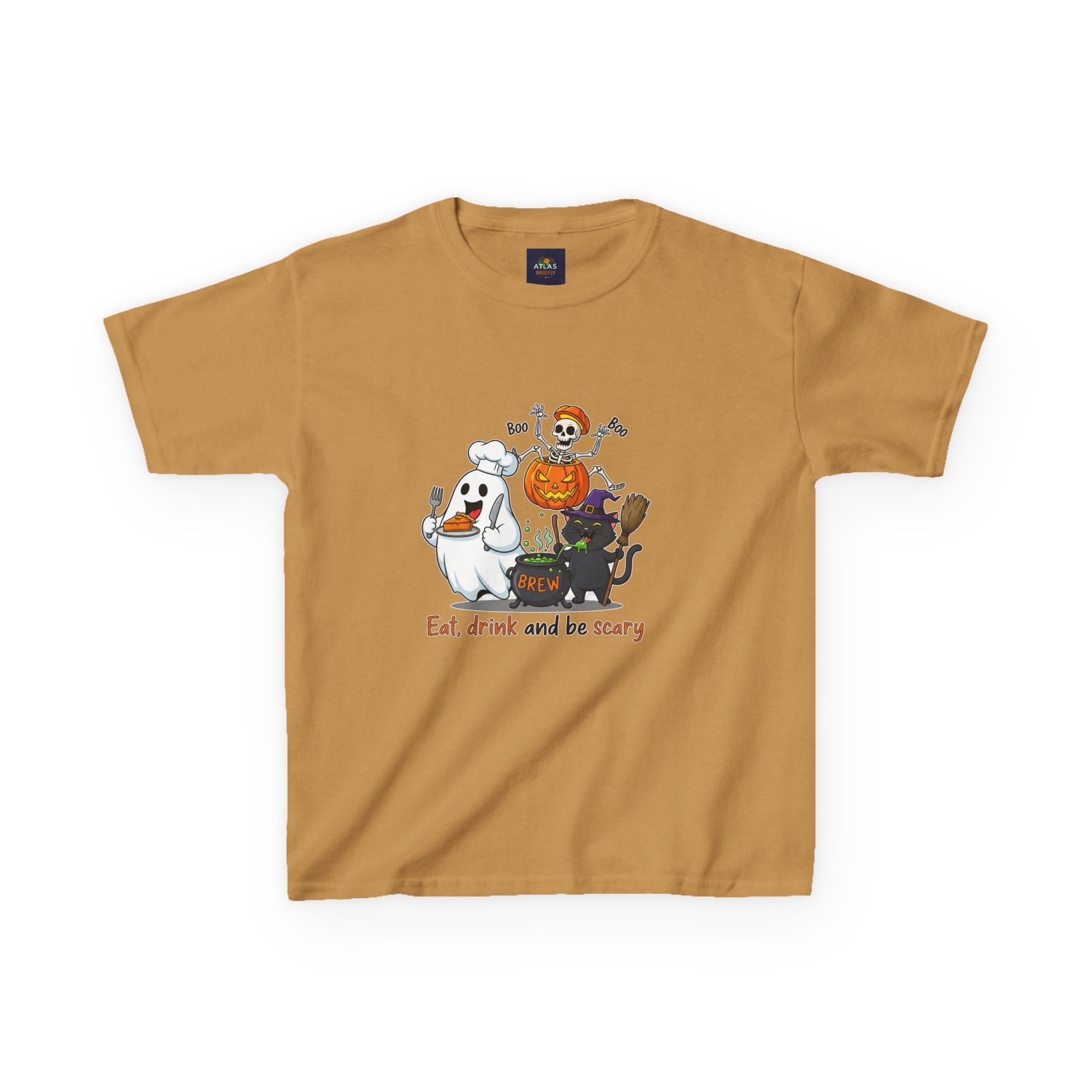 Eat Drink and Be Scary Kids Halloween T-Shirt | Cute Ghost Skeleton Pumpkin Cat Shirt for Boys Girls Trick or Treat Tee - Atlas Briefly