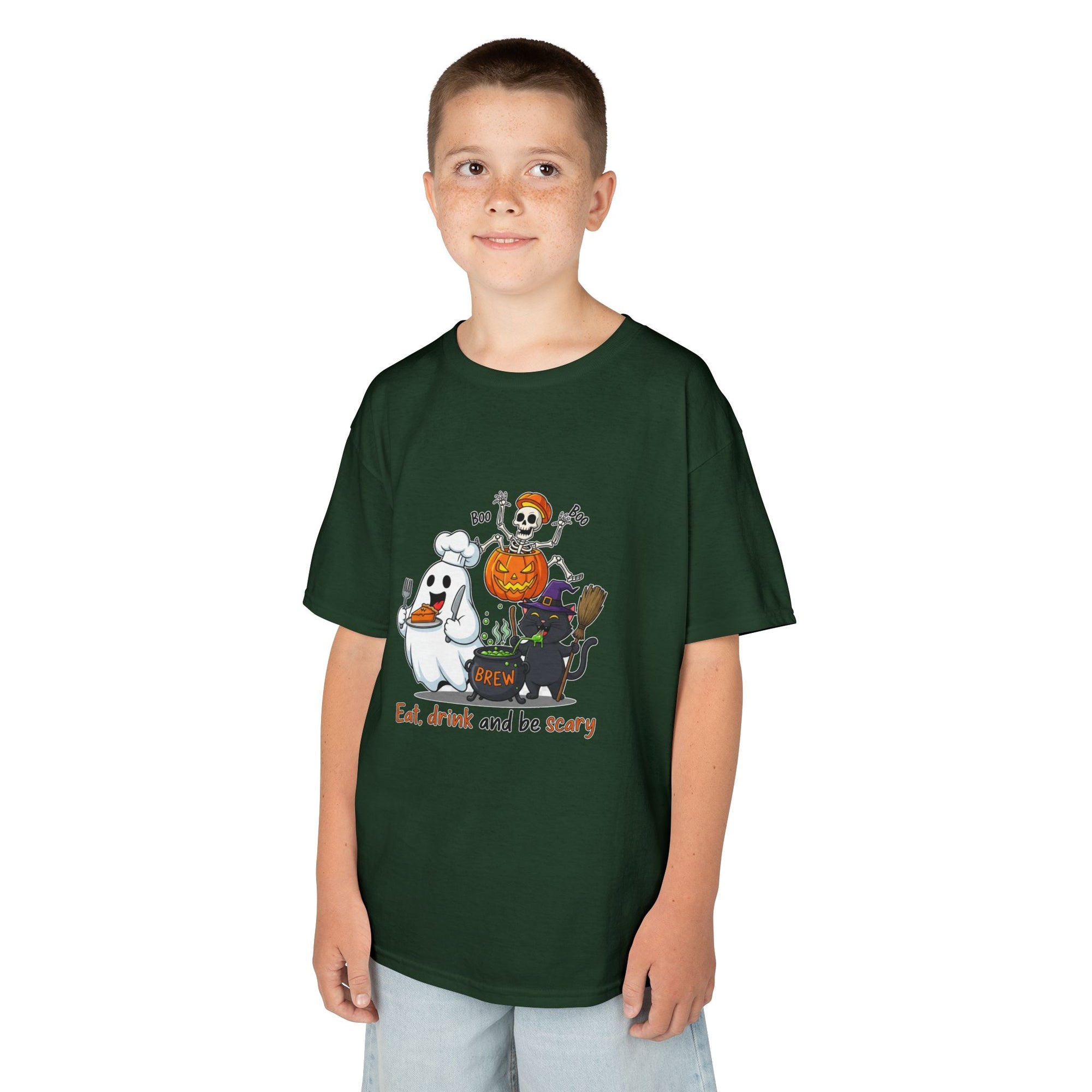 Eat Drink and Be Scary Kids Halloween T-Shirt | Cute Ghost Skeleton Pumpkin Cat Shirt for Boys Girls Trick or Treat Tee - Atlas Briefly