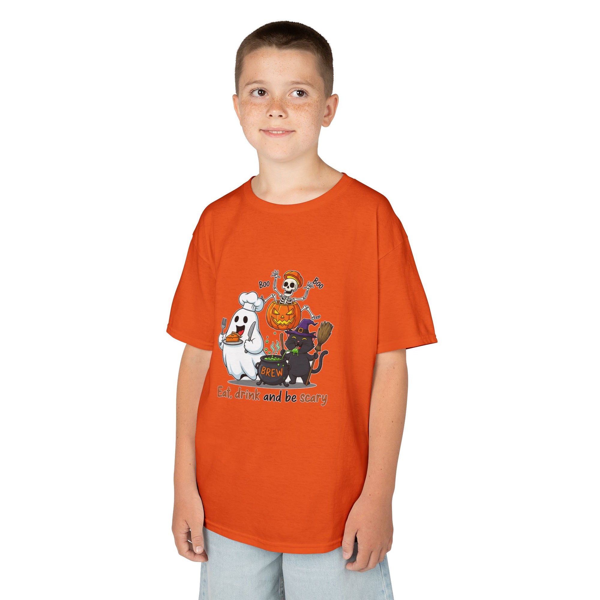 Eat Drink and Be Scary Kids Halloween T-Shirt | Cute Ghost Skeleton Pumpkin Cat Shirt for Boys Girls Trick or Treat Tee - Atlas Briefly