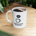 Powered by Caffeine and Sheer Will Mug - Funny Coffee Cup | Minimalist Humor Gift US Version - Atlas Briefly