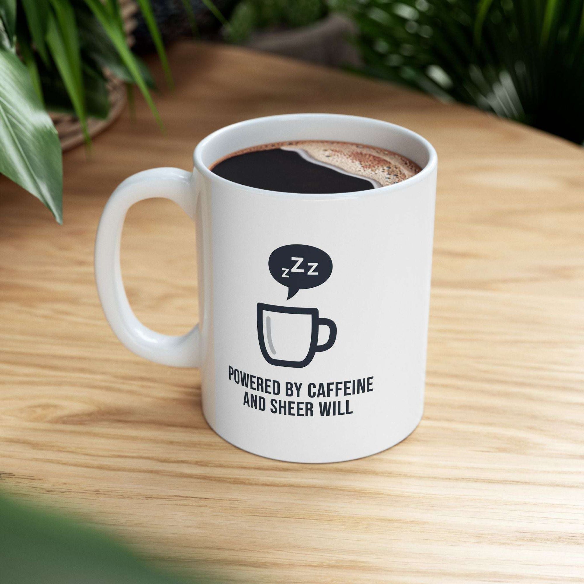 Powered by Caffeine and Sheer Will Mug - Funny Coffee Cup | Minimalist Humor Gift US Version - Atlas Briefly
