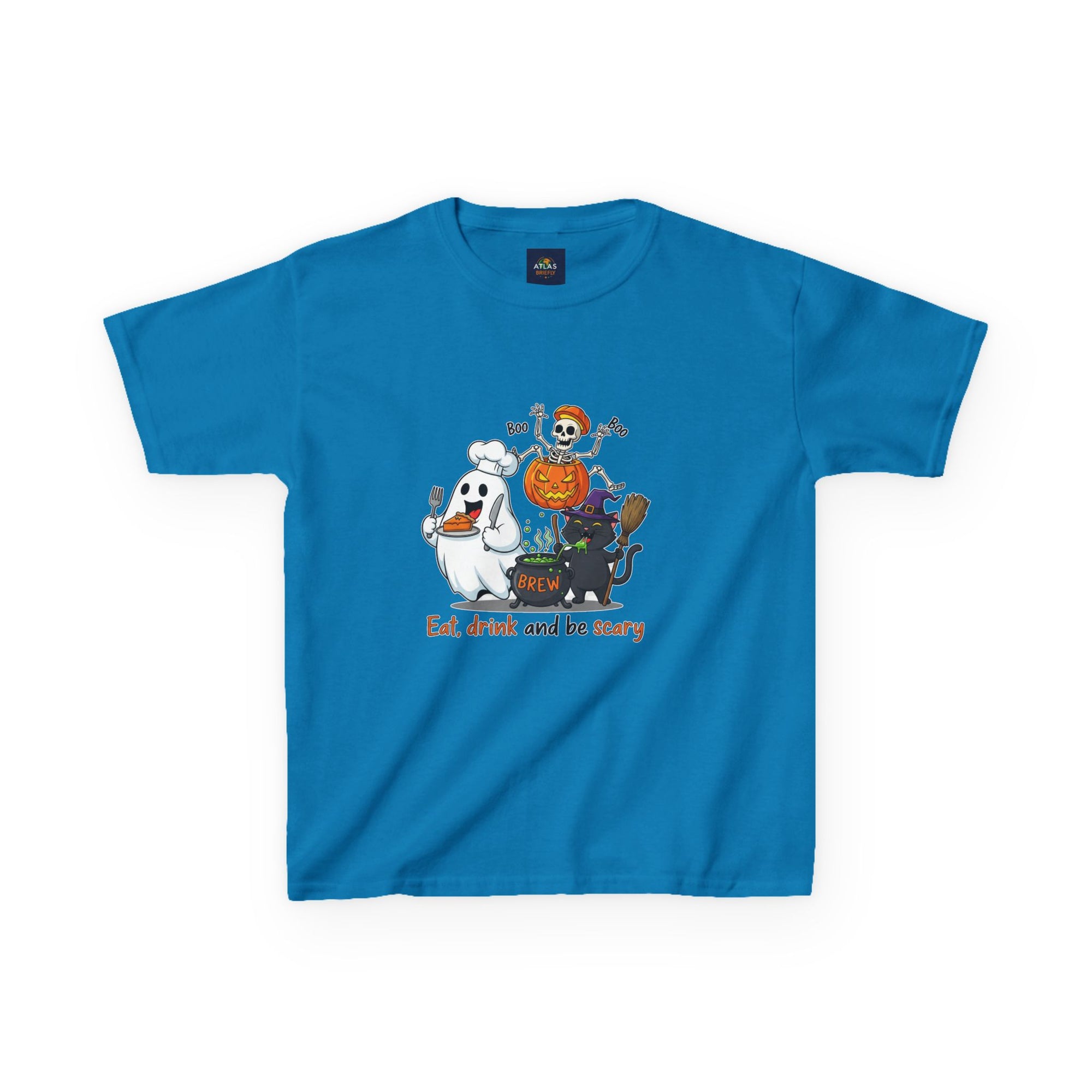 Eat Drink and Be Scary Kids Halloween T-Shirt | Cute Ghost Skeleton Pumpkin Cat Shirt for Boys Girls Trick or Treat Tee - Atlas Briefly