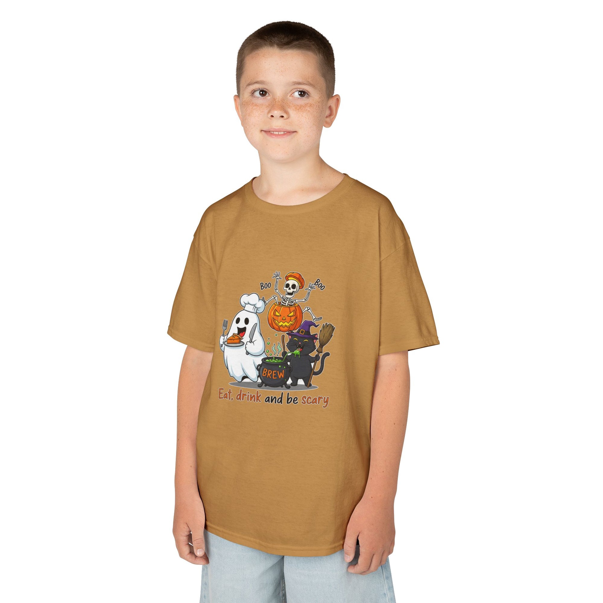 Eat Drink and Be Scary Kids Halloween T-Shirt | Cute Ghost Skeleton Pumpkin Cat Shirt for Boys Girls Trick or Treat Tee - Atlas Briefly