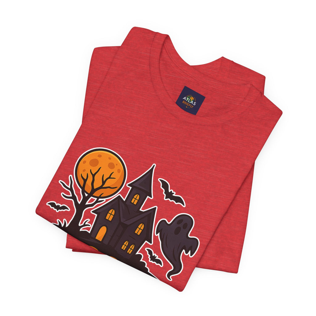 Spooky Season Halloween T-Shirt - Haunted House Ghost Bat Graphic Tee | Halloween Landscape Shirt - Atlas Briefly