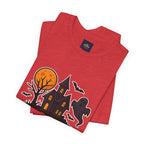 Spooky Season Halloween T-Shirt - Haunted House Ghost Bat Graphic Tee | Halloween Landscape Shirt - Atlas Briefly