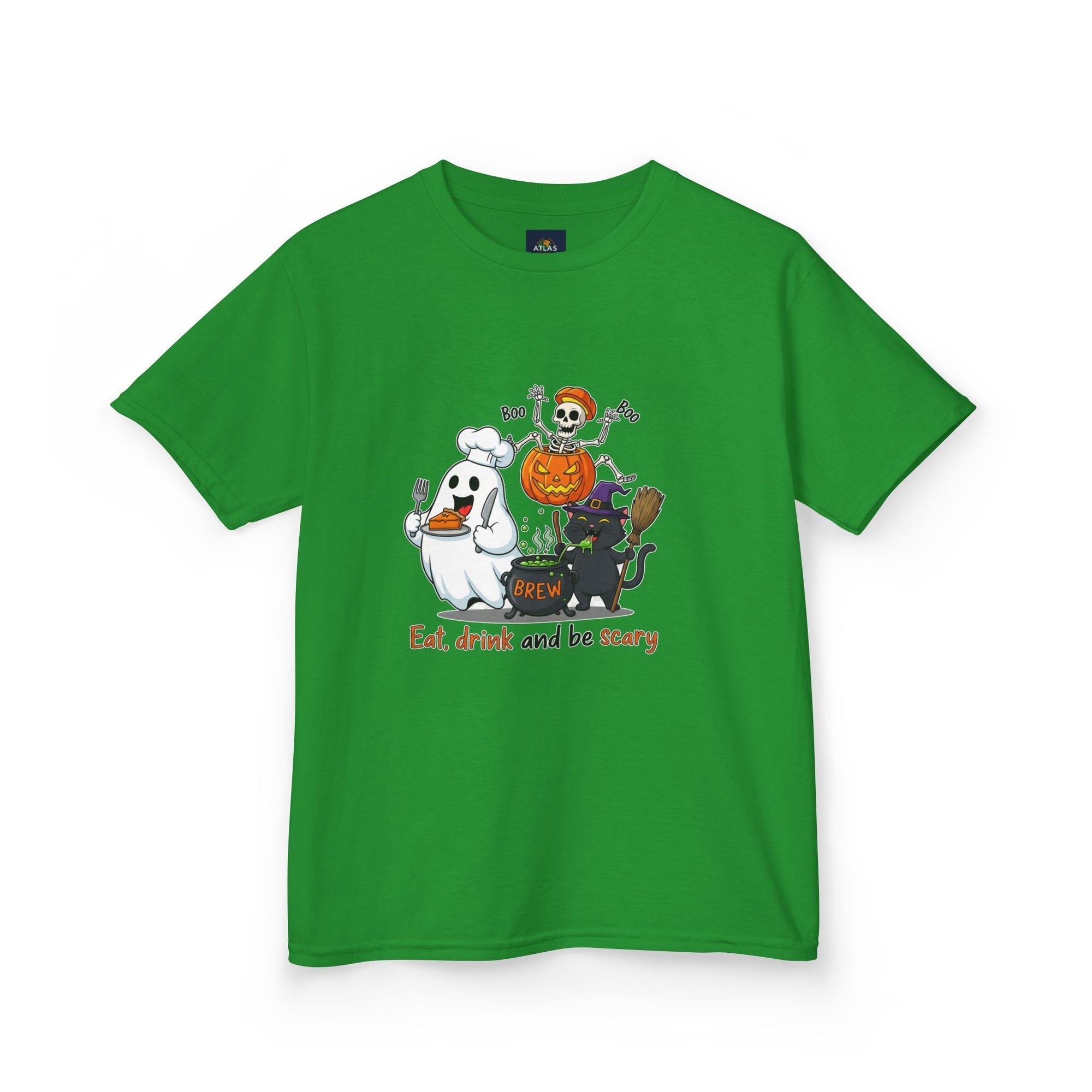 Eat Drink and Be Scary Kids Halloween T-Shirt | Cute Ghost Skeleton Pumpkin Cat Shirt for Boys Girls Trick or Treat Tee - Atlas Briefly