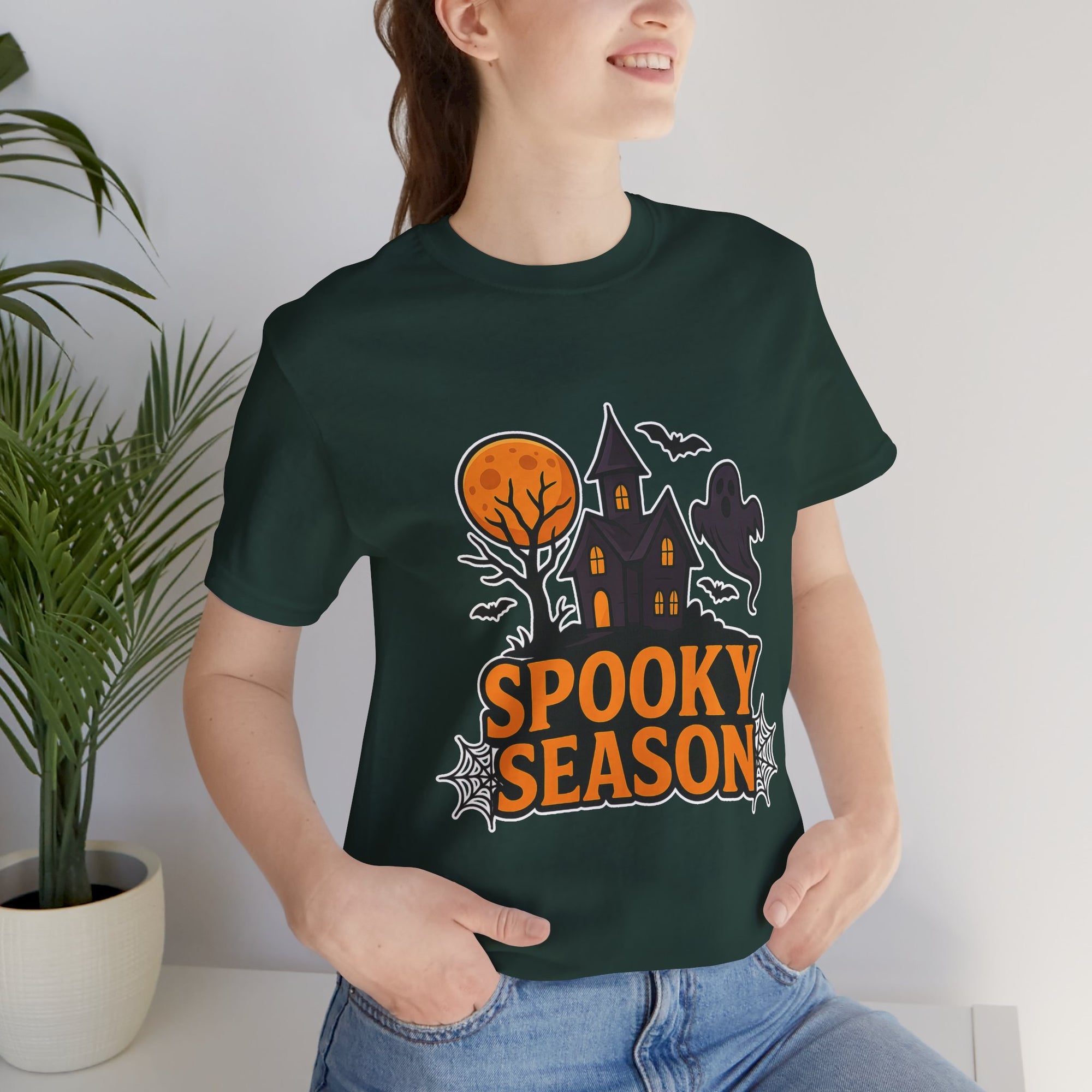 Spooky Season Halloween T-Shirt - Haunted House Ghost Bat Graphic Tee | Halloween Landscape Shirt - Atlas Briefly