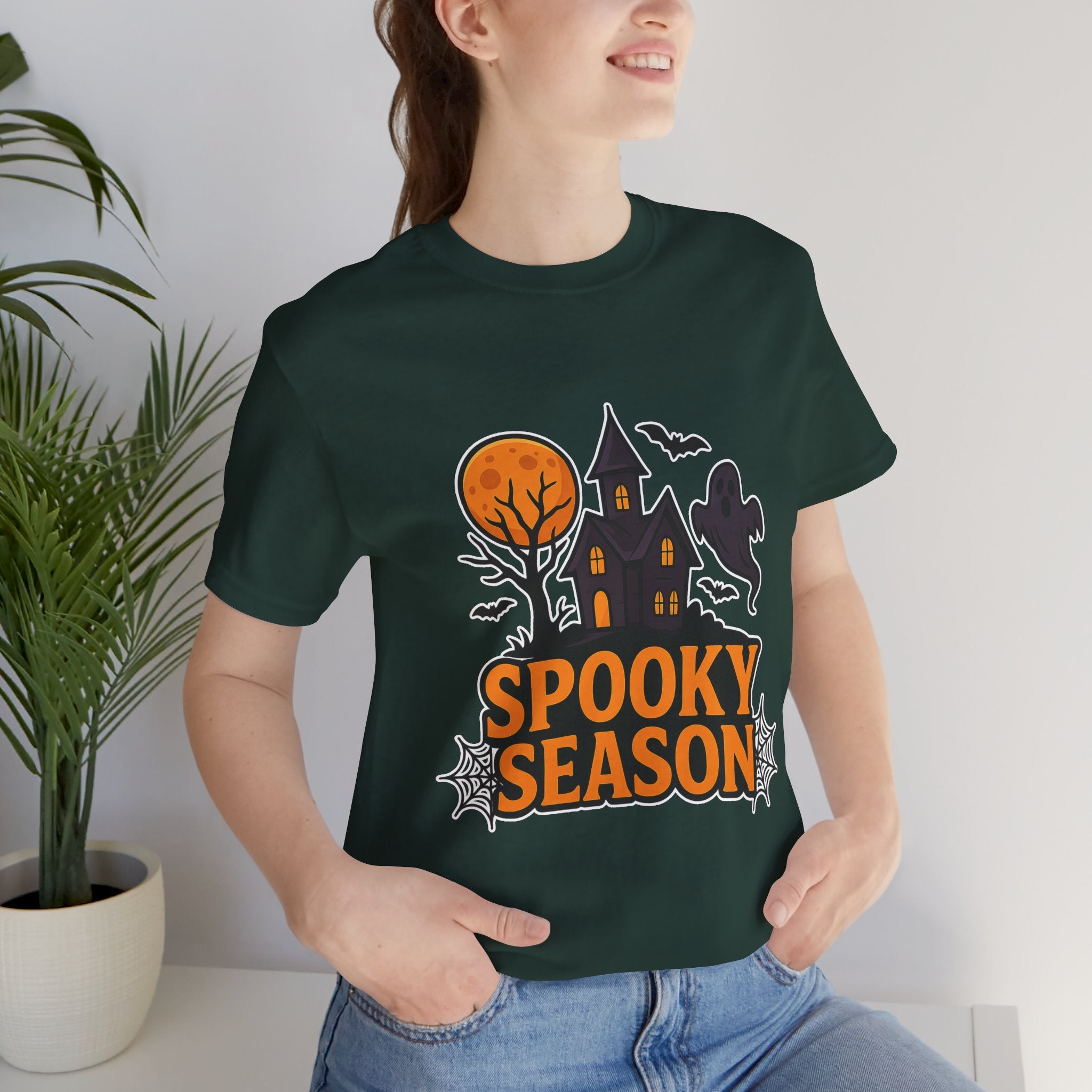 Spooky Season Halloween T-Shirt - Haunted House Ghost Bat Graphic Tee | Halloween Landscape Shirt - Atlas Briefly