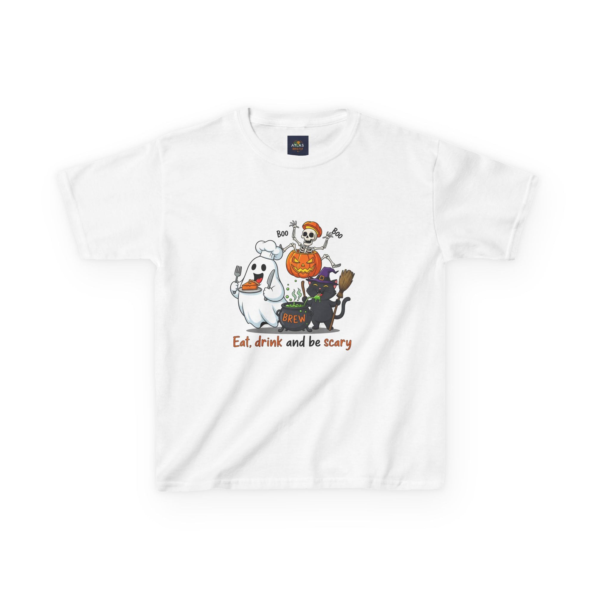 Eat Drink and Be Scary Kids Halloween T-Shirt | Cute Ghost Skeleton Pumpkin Cat Shirt for Boys Girls Trick or Treat Tee - Atlas Briefly