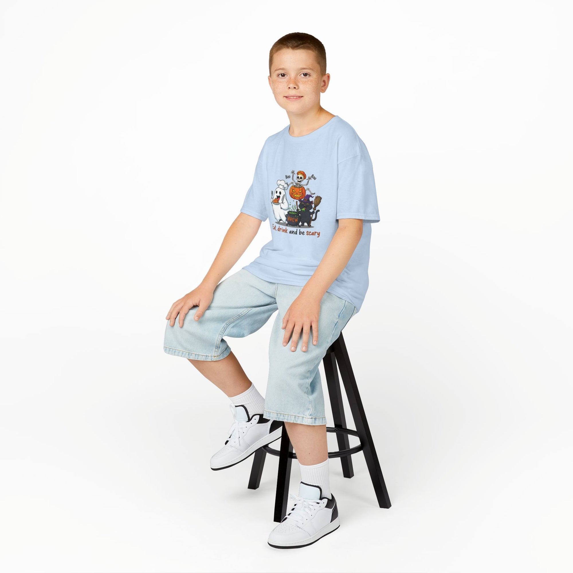 Eat Drink and Be Scary Kids Halloween T-Shirt | Cute Ghost Skeleton Pumpkin Cat Shirt for Boys Girls Trick or Treat Tee - Atlas Briefly
