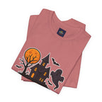 Spooky Season Halloween T-Shirt - Haunted House Ghost Bat Graphic Tee | Halloween Landscape Shirt - Atlas Briefly