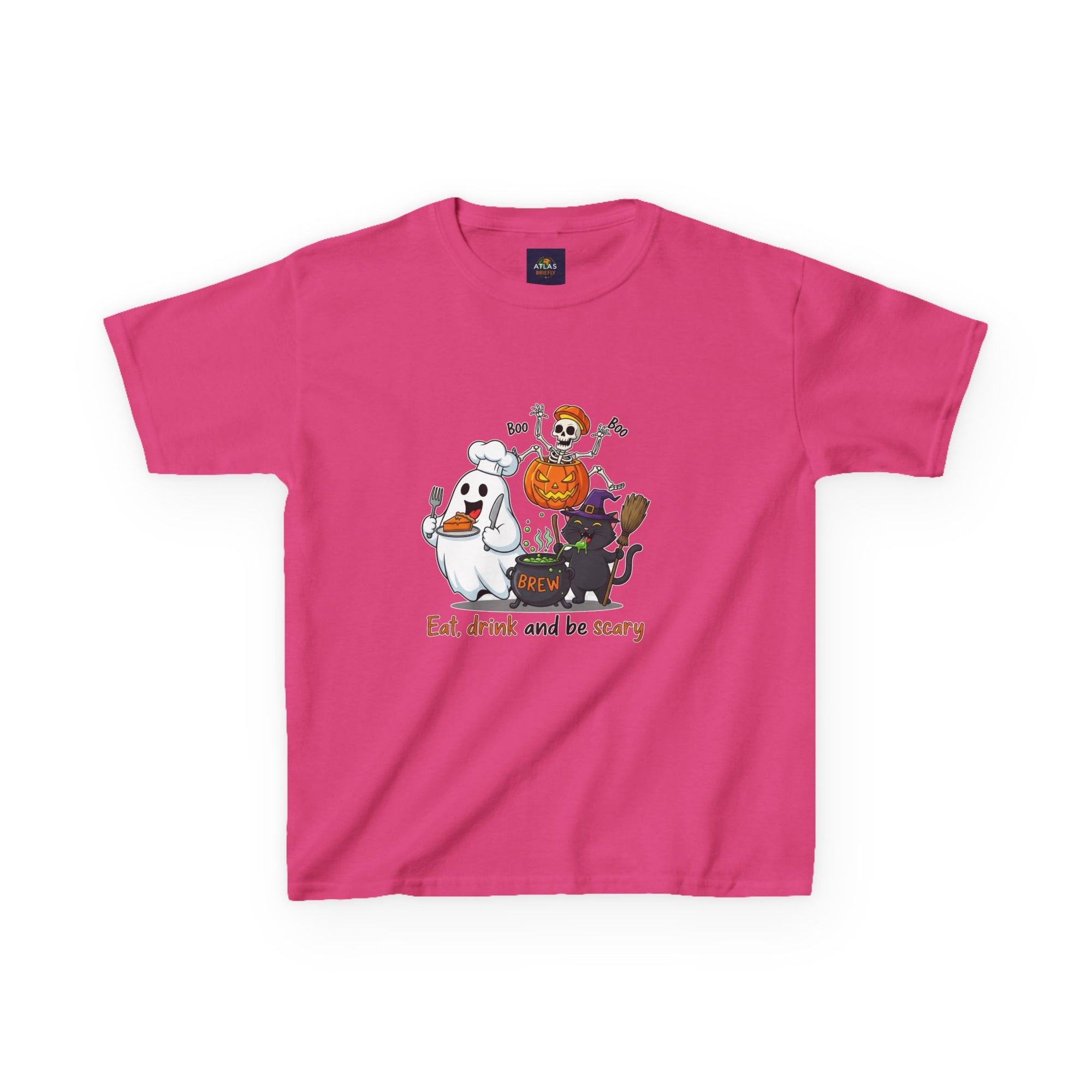 Eat Drink and Be Scary Kids Halloween T-Shirt | Cute Ghost Skeleton Pumpkin Cat Shirt for Boys Girls Trick or Treat Tee - Atlas Briefly