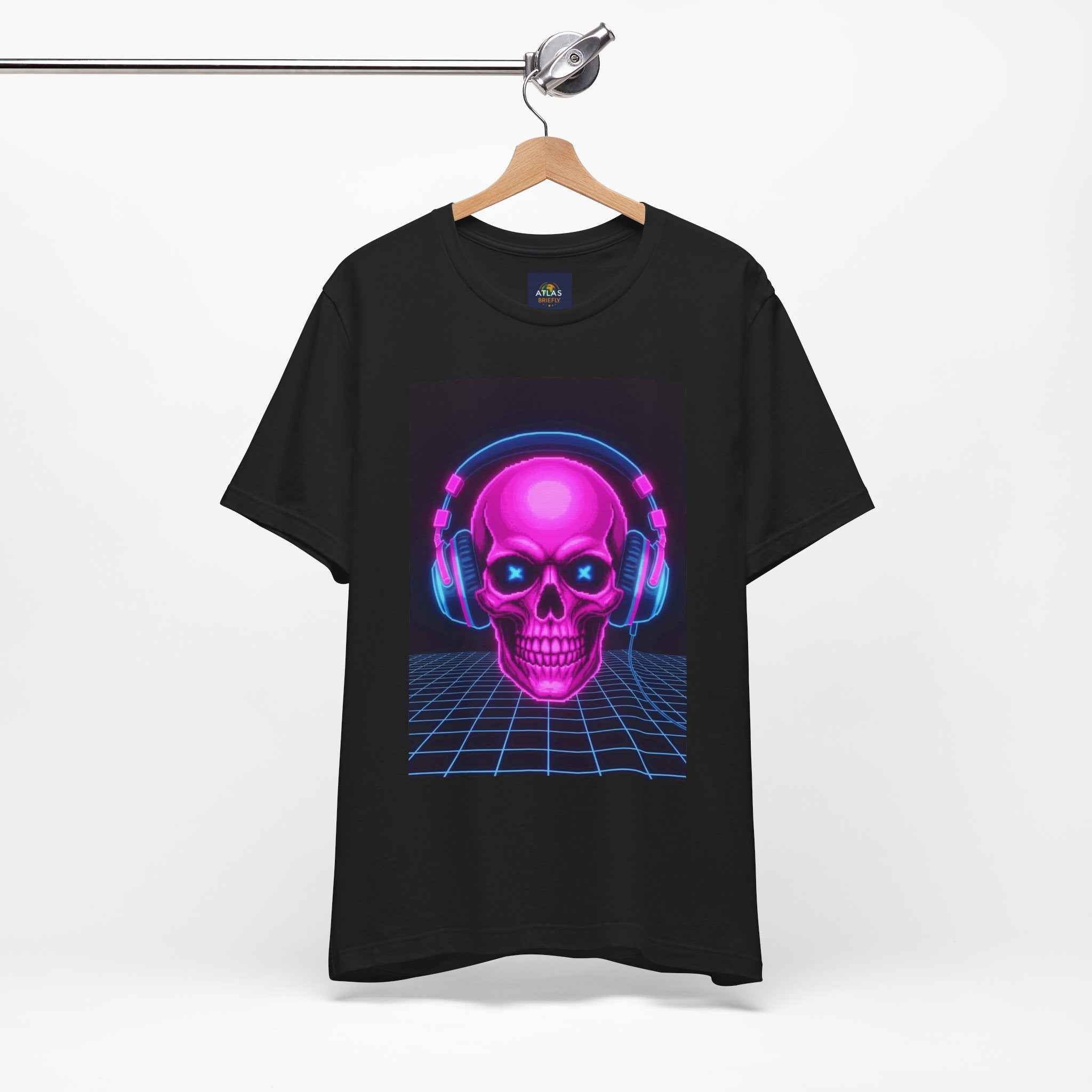Neon Skull T-Shirt - Retro Gaming Synthwave Tee - Atlas Briefly