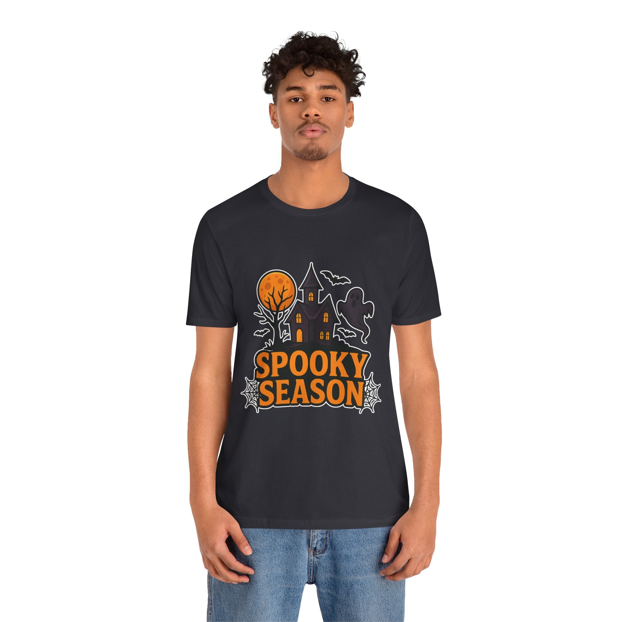 Spooky Season Halloween T-Shirt - Haunted House Ghost Bat Graphic Tee | Halloween Landscape Shirt - Atlas Briefly