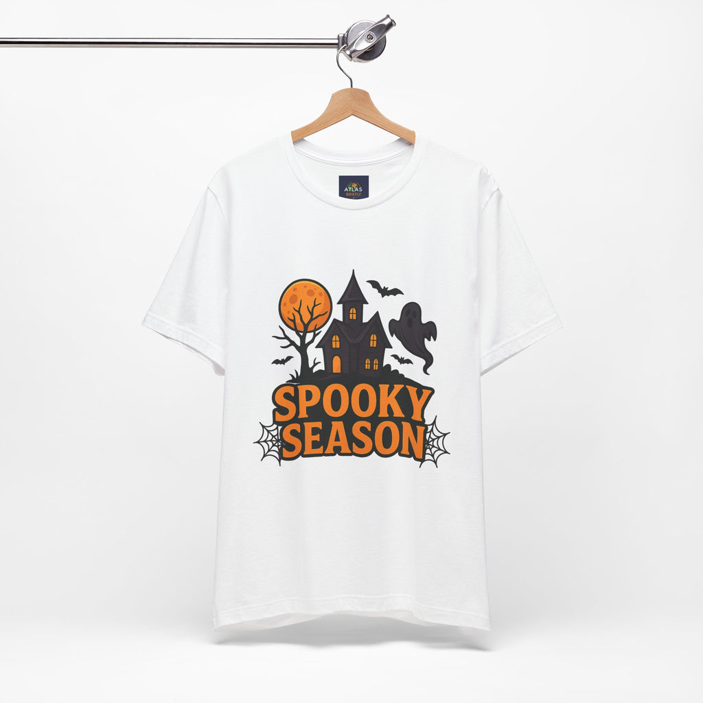 Spooky Season Halloween T-Shirt - Haunted House Ghost Bat Graphic Tee | Halloween Landscape Shirt - Atlas Briefly
