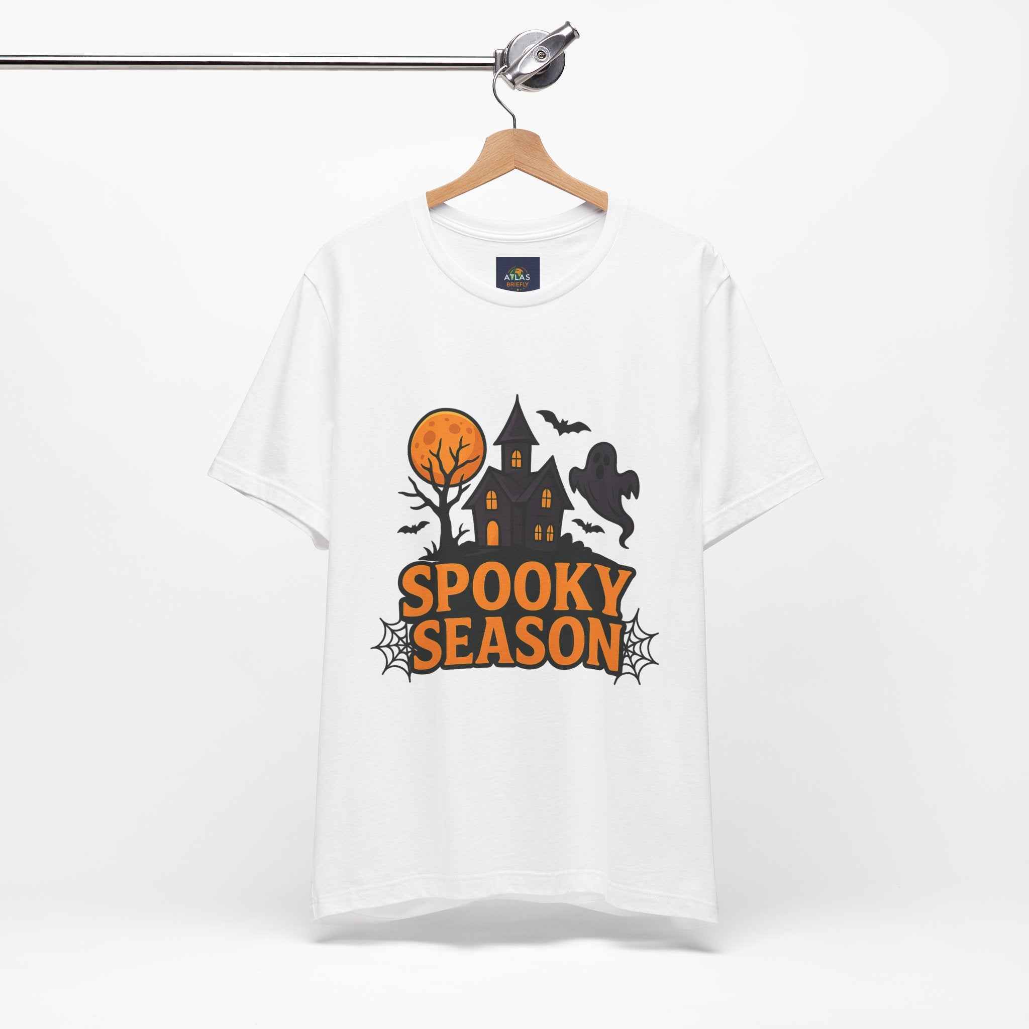 Spooky Season Halloween T-Shirt - Haunted House Ghost Bat Graphic Tee for Halloween Enthusiasts - Atlas Briefly