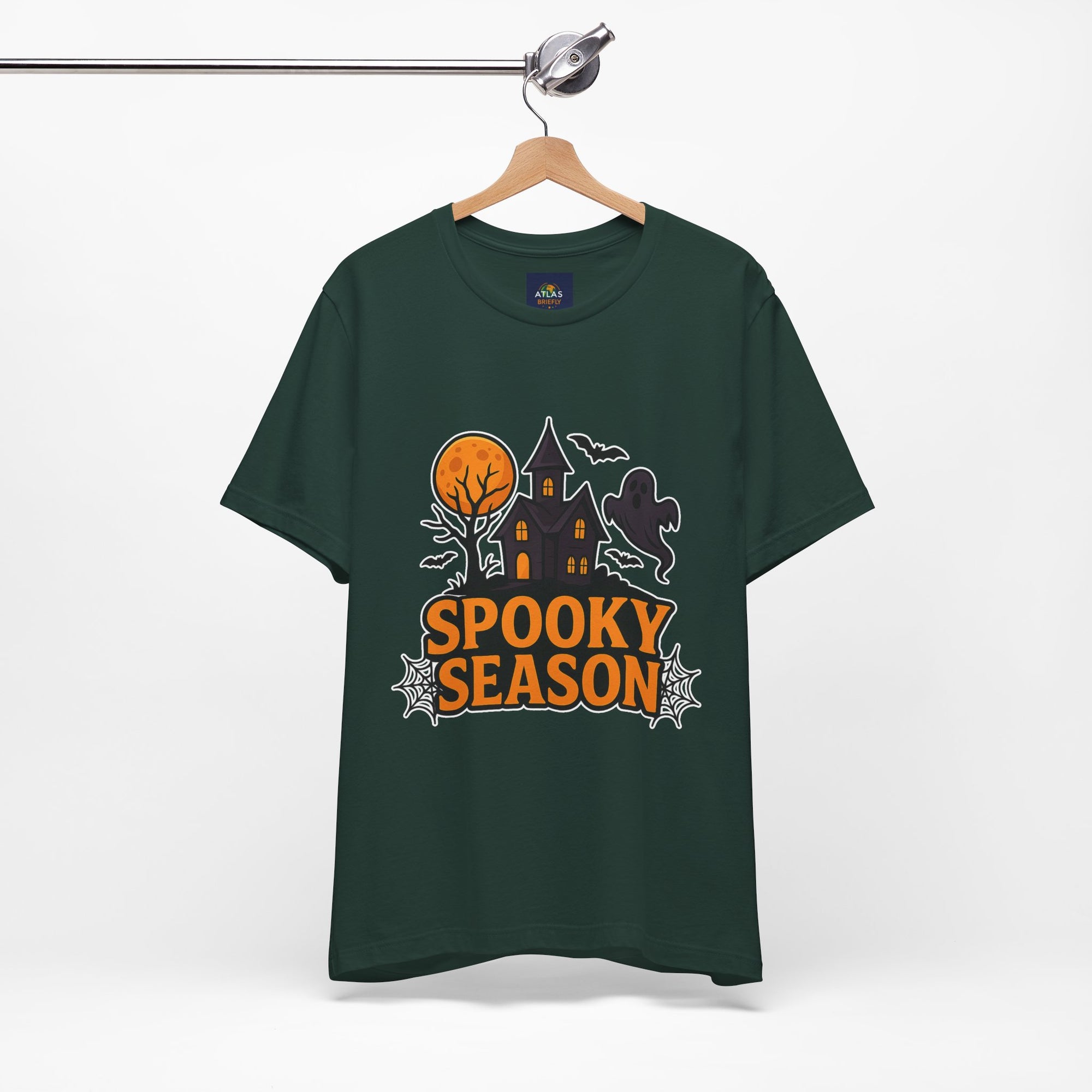 Spooky Season Halloween T-Shirt - Haunted House Ghost Bat Graphic Tee | Halloween Landscape Shirt - Atlas Briefly