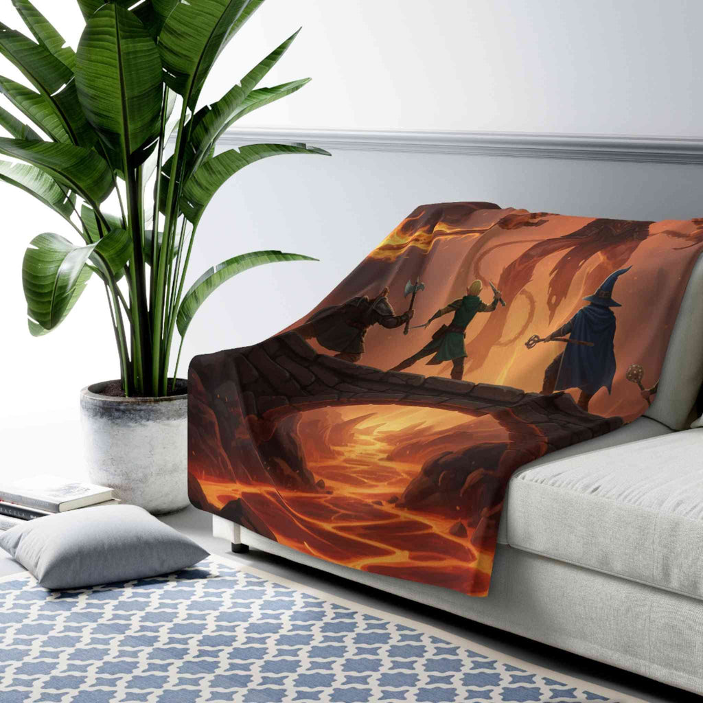 Decorative blanket with fantasy design on a sofa in a living room setting