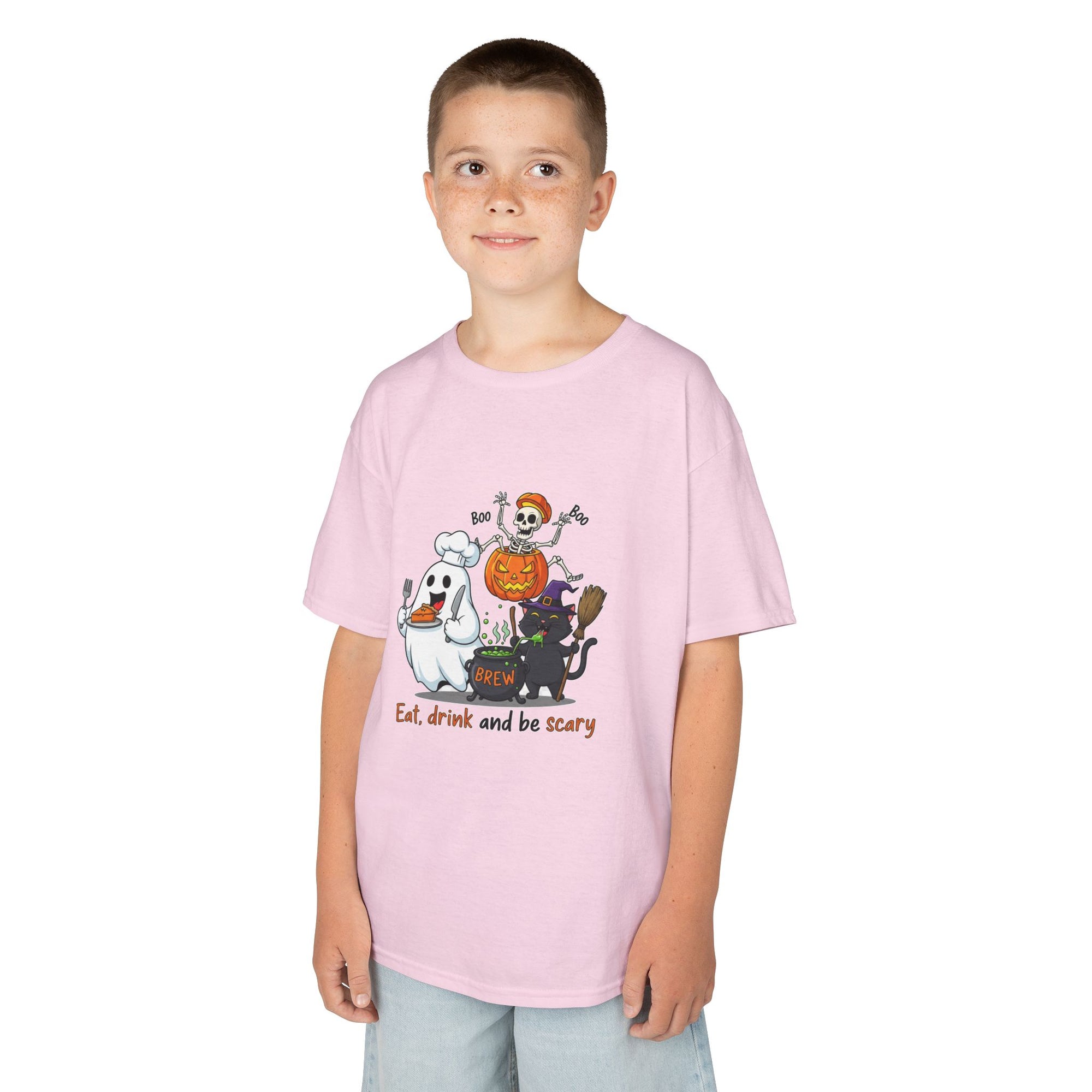 Eat Drink and Be Scary Kids Halloween T-Shirt | Cute Ghost Skeleton Pumpkin Cat Shirt for Boys Girls Trick or Treat Tee - Atlas Briefly