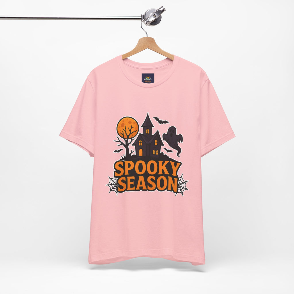 Spooky Season Halloween T-Shirt - Haunted House Ghost Bat Graphic Tee | Halloween Landscape Shirt - Atlas Briefly