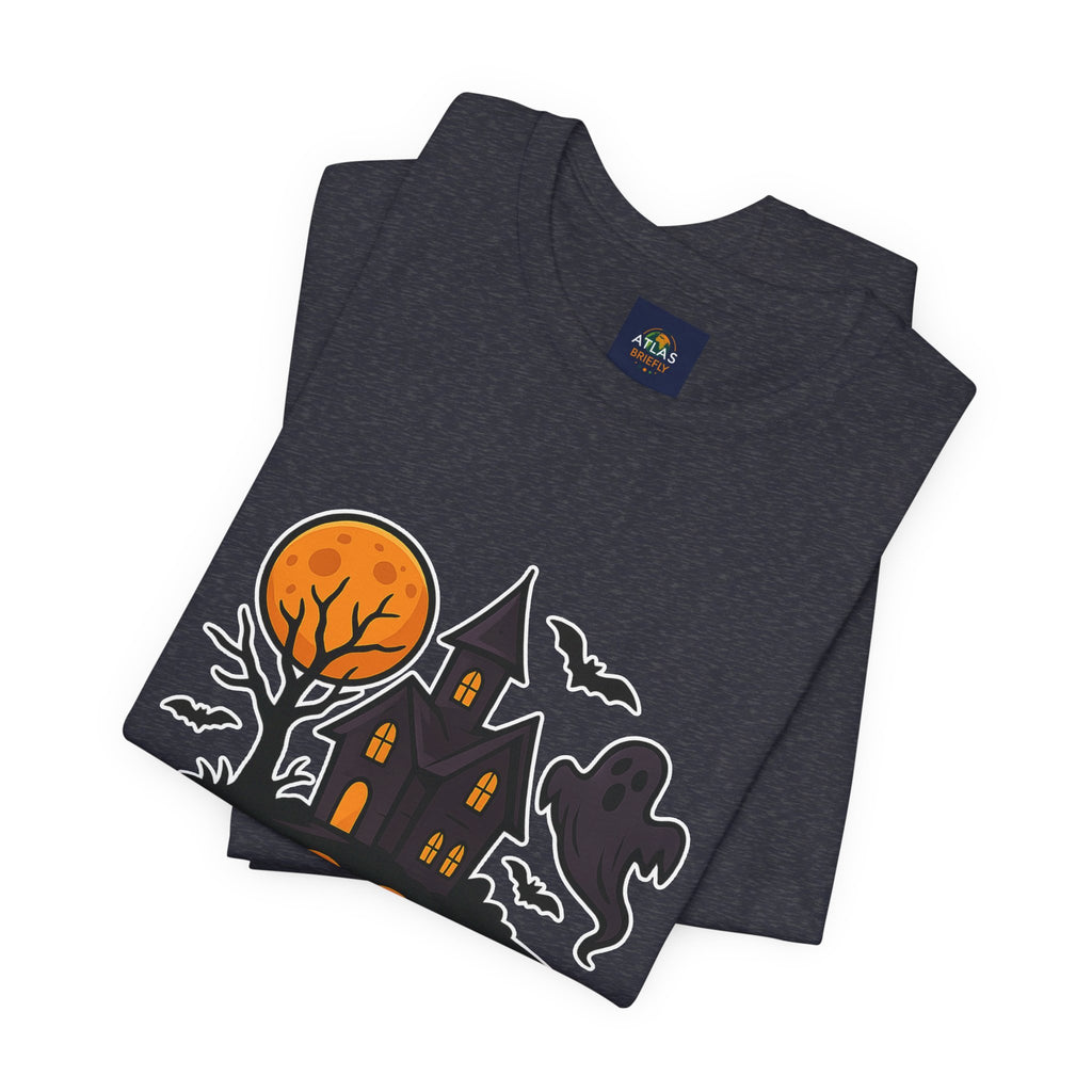 Spooky Season Halloween T-Shirt - Haunted House Ghost Bat Graphic Tee | Halloween Landscape Shirt - Atlas Briefly