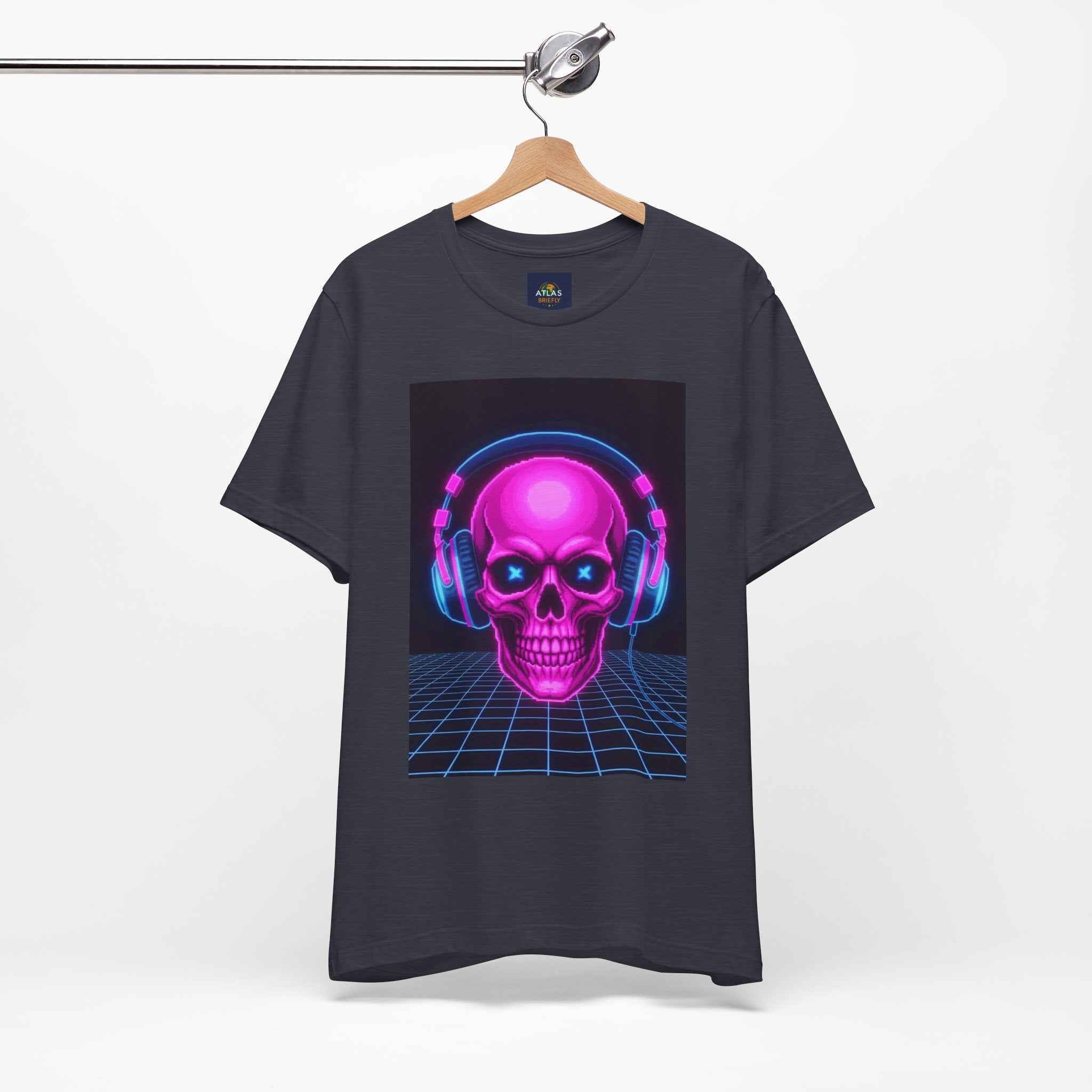 Neon Skull T-Shirt - Retro Gaming Synthwave Tee - Atlas Briefly