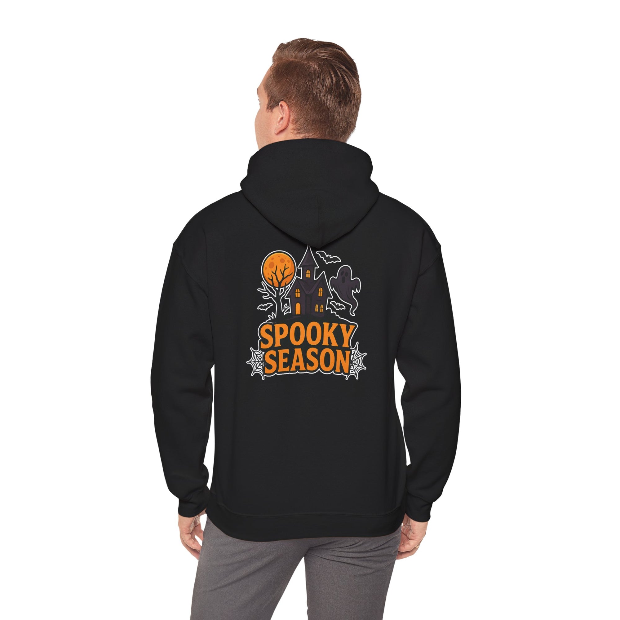 Spooky Season Halloween Hoodie - Haunted House Ghost Bat Design | Cozy Halloween Sweatshirt - Atlas Briefly