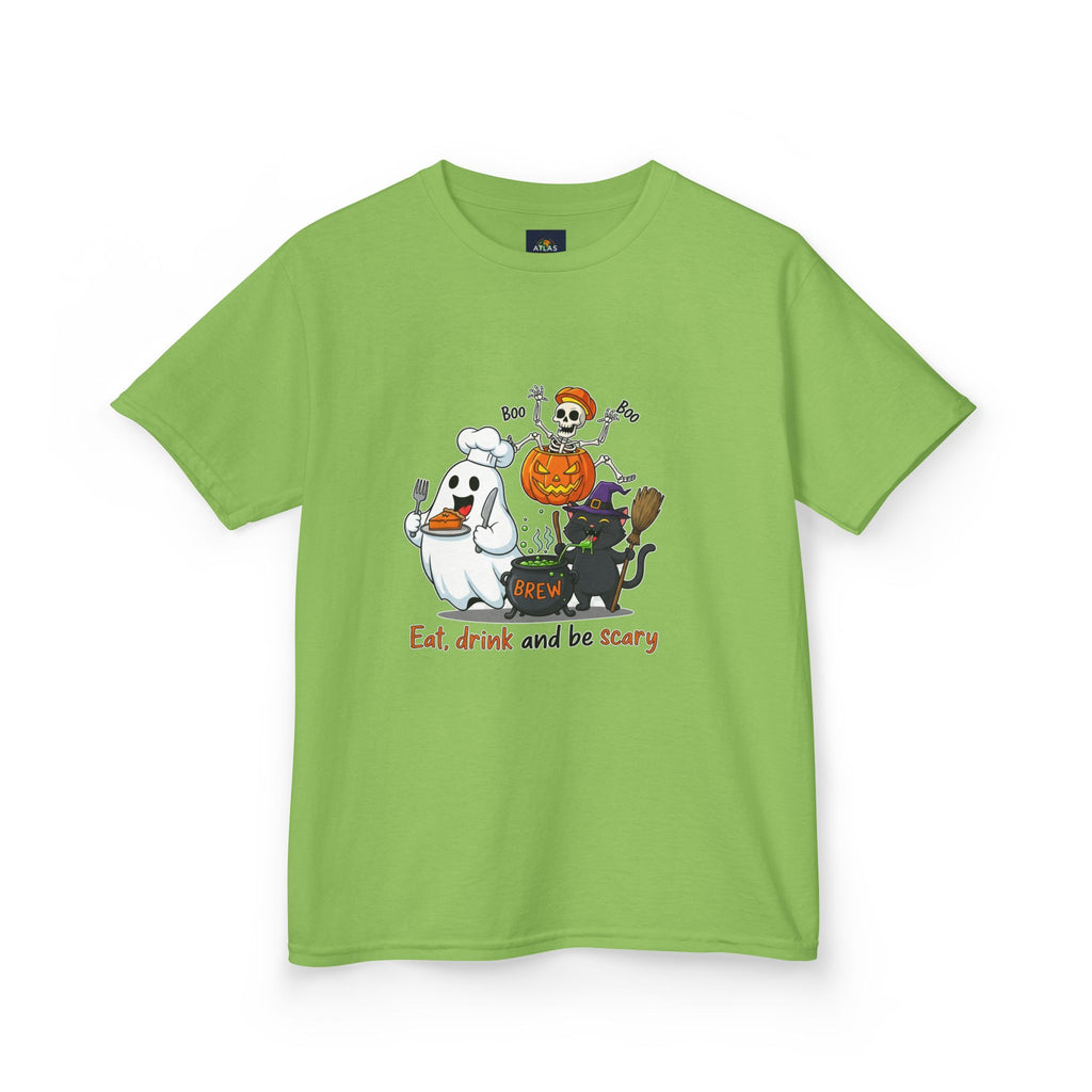 Eat Drink and Be Scary Kids Halloween T-Shirt | Cute Ghost Skeleton Pumpkin Cat Shirt for Boys Girls Trick or Treat Tee - Atlas Briefly
