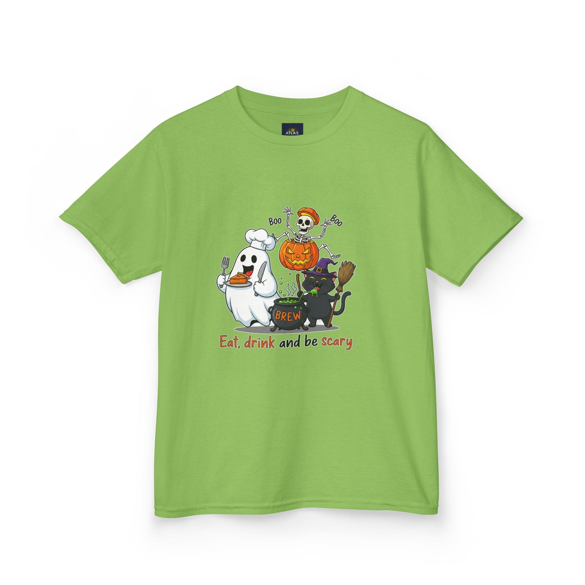 Eat Drink and Be Scary Kids Halloween T-Shirt | Cute Ghost Skeleton Pumpkin Cat Shirt for Boys Girls Trick or Treat Tee - Atlas Briefly