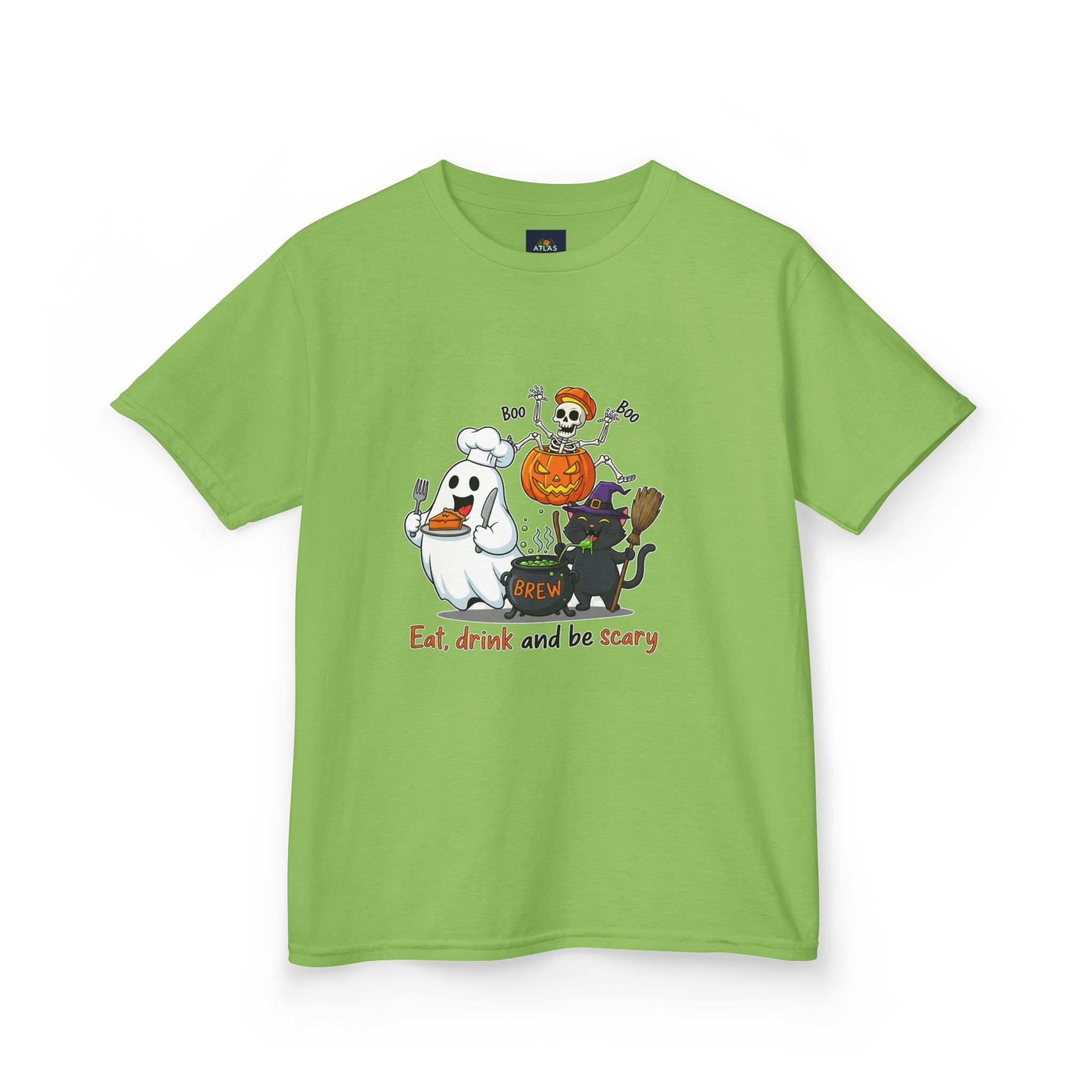 Eat Drink and Be Scary Kids Halloween T-Shirt | Cute Ghost Skeleton Pumpkin Cat Shirt for Boys Girls Trick or Treat Tee - Atlas Briefly