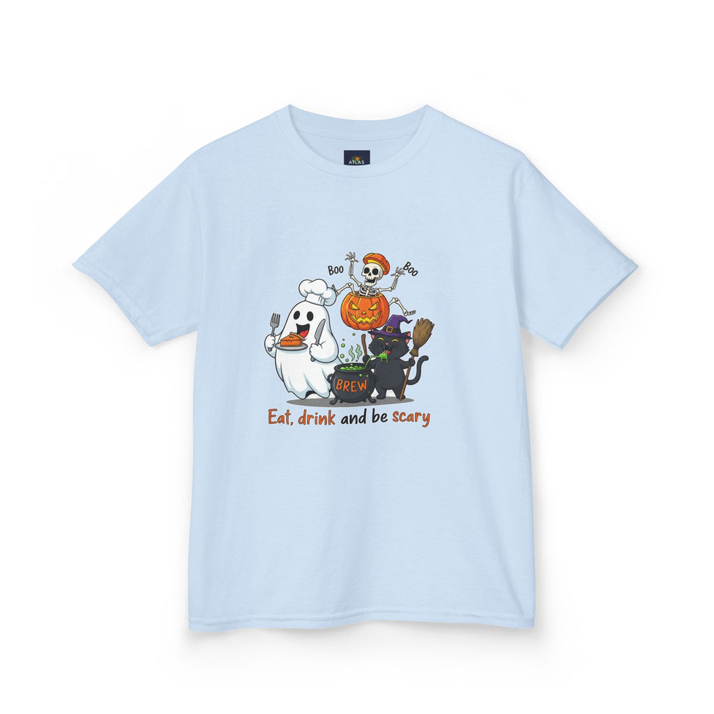 Eat Drink and Be Scary Kids Halloween T-Shirt | Cute Ghost Skeleton Pumpkin Cat Shirt for Boys Girls Trick or Treat Tee - Atlas Briefly
