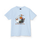 Eat Drink and Be Scary Kids Halloween T-Shirt | Cute Ghost Skeleton Pumpkin Cat Shirt for Boys Girls Trick or Treat Tee - Atlas Briefly