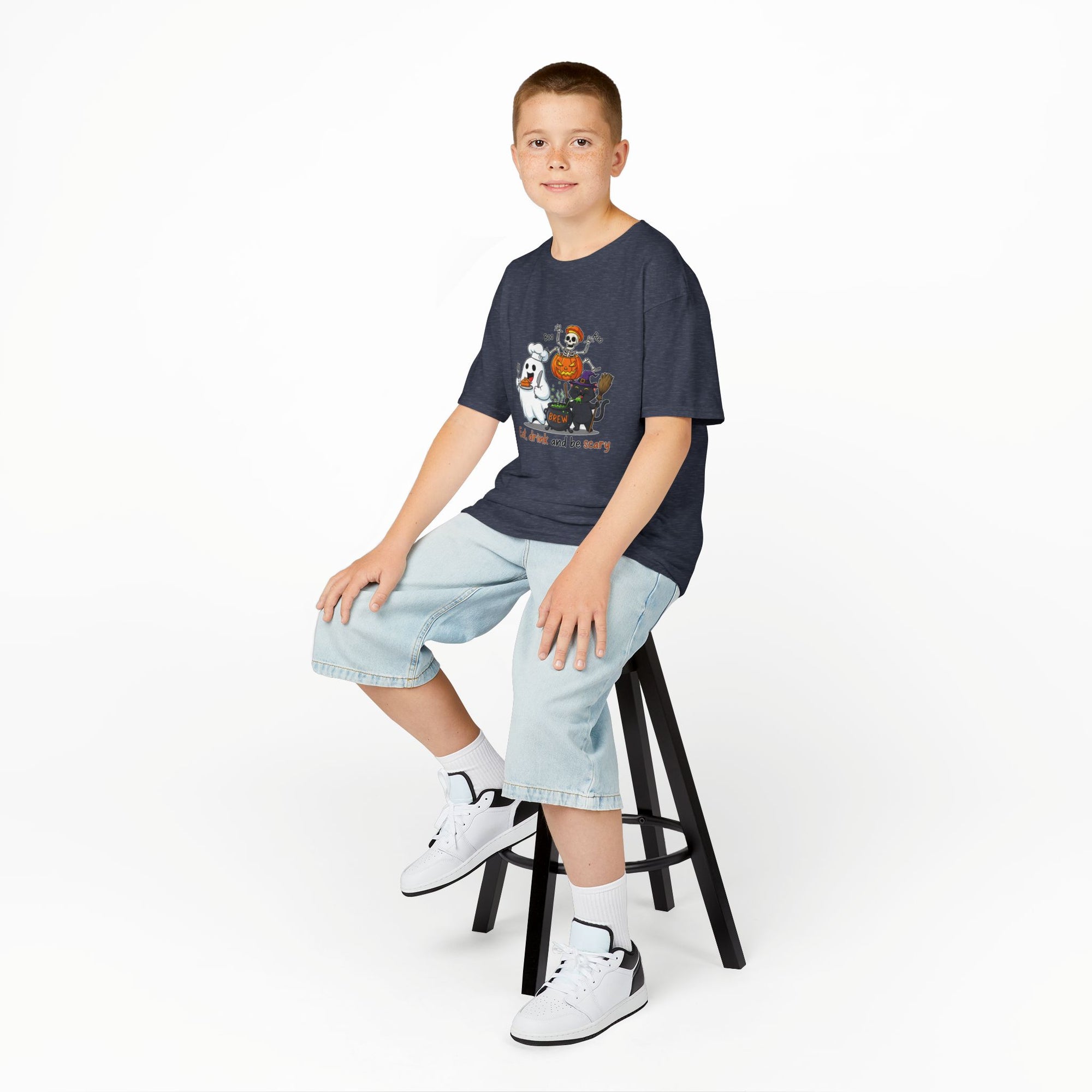 Eat Drink and Be Scary Kids Halloween T-Shirt | Cute Ghost Skeleton Pumpkin Cat Shirt for Boys Girls Trick or Treat Tee - Atlas Briefly