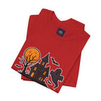 Spooky Season Halloween T-Shirt - Haunted House Ghost Bat Graphic Tee | Halloween Landscape Shirt - Atlas Briefly