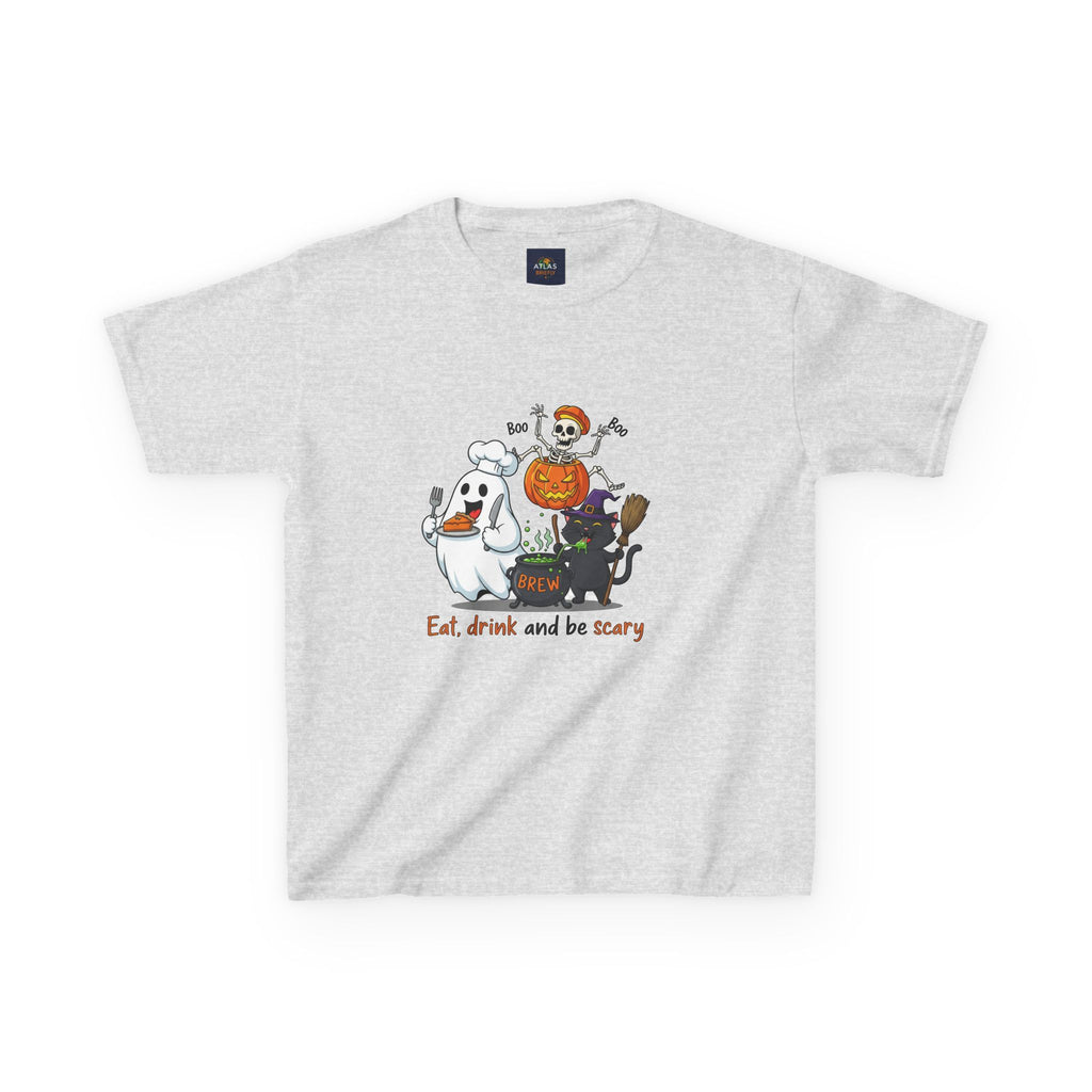 Eat Drink and Be Scary Kids Halloween T-Shirt | Cute Ghost Skeleton Pumpkin Cat Shirt for Boys Girls Trick or Treat Tee - Atlas Briefly